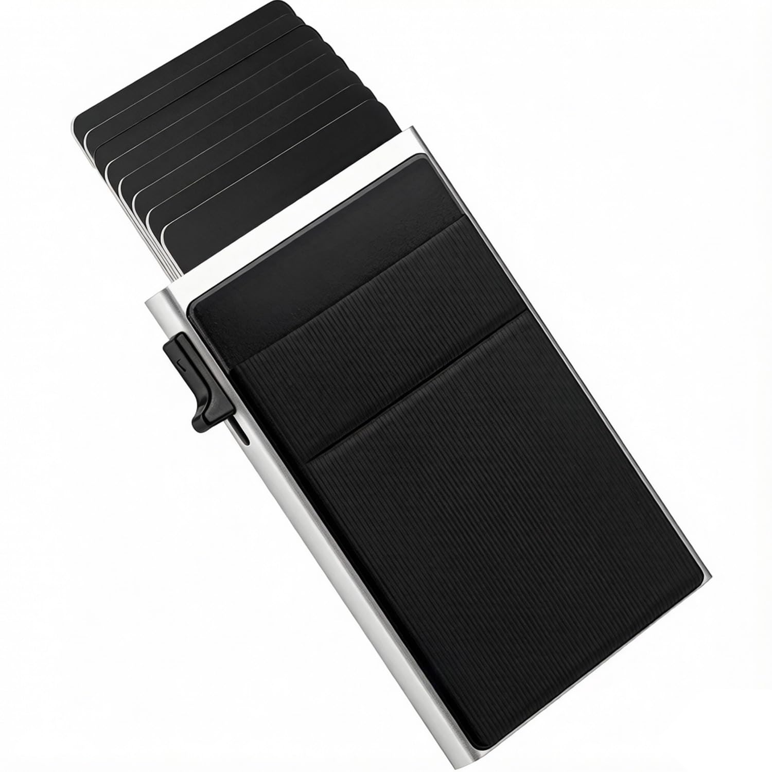Slim RFID Blocking Metal Card Wallet for Men Women | Silver + Black Card Holder | Pop Up Credit Card Case | Minimalist Smart Wallet (Black Card Sleeve)-image-1