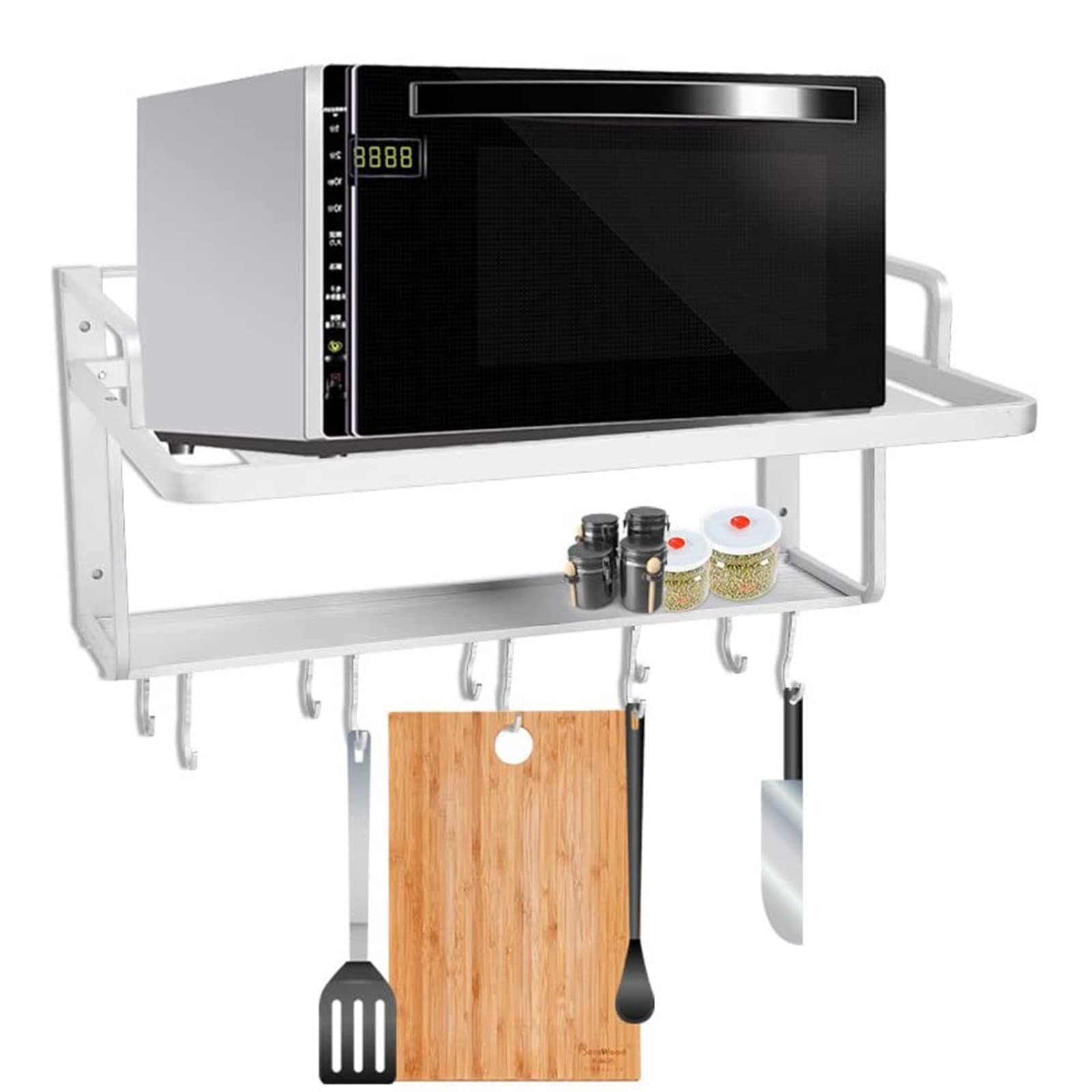 GTHTUHFD Wall Mounted Microwave Rack - Double Deck Shelf For Spices Pots & Pans - Multifunctional Kitchen Storage Solution - Silver Utility Holder