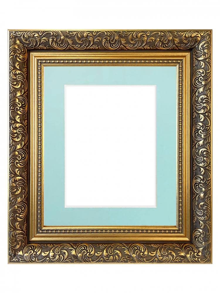 FRAMES BY POST Large Dahlia Gold Picture Photo Frame with Blue Mount 16 x 12 Image Size 12 x 10 Inch Plastic Glass โ image 1