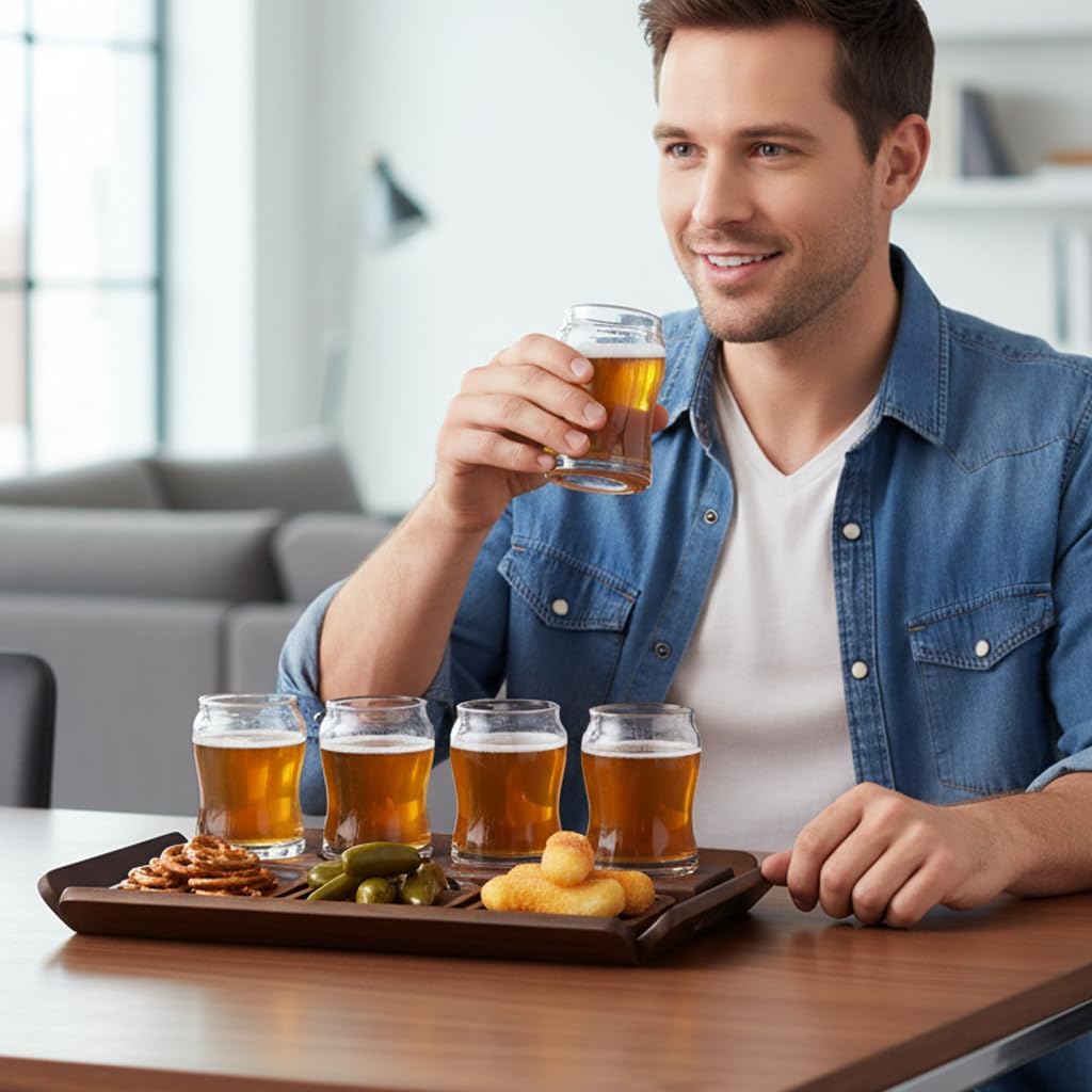 Shanik Wooden Beer Flight Paddle Tray Set with 4 Glasses & Coasters – Rustic Tasting Flight Board – Craf Sampler Set for Home Bar, Birthday Gift for Beer Lovers, Men’s Gift Ideas
