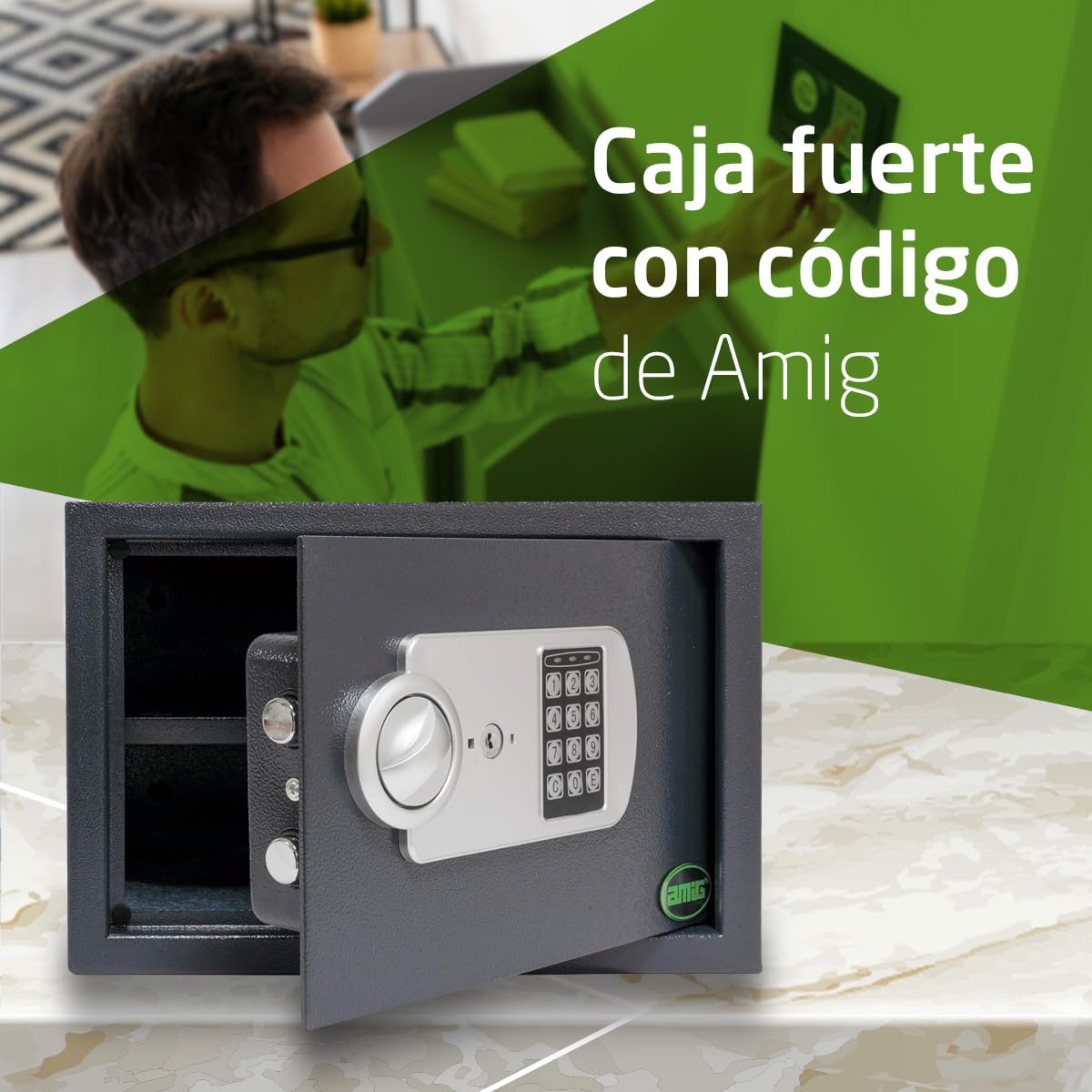 Amig - Caja Fuerte con Código - Caja de Seguridad de Sobreponer - Acero - Camuflada - Ideal para Casa - Protección de Dinero y Joyas de valor - 31 x 20 x 20 cm