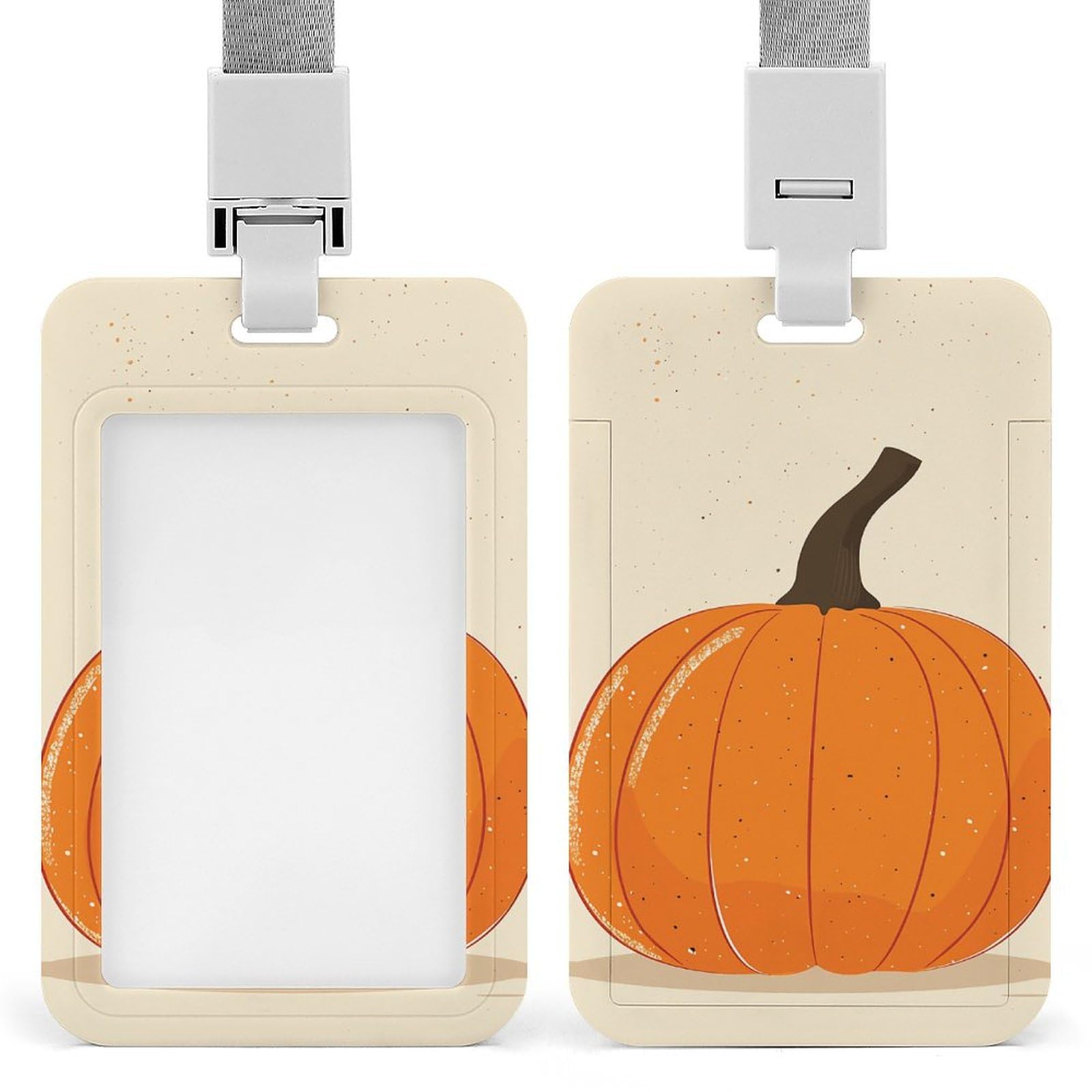 ID Card Holders for Lanyard,Orange Pumpkin Image Printed Badge Holder with Clear Window,Plastic Vertical Bus Pass Holders for Work Teacher Nurse Employees Proximity Key Cards Women Men