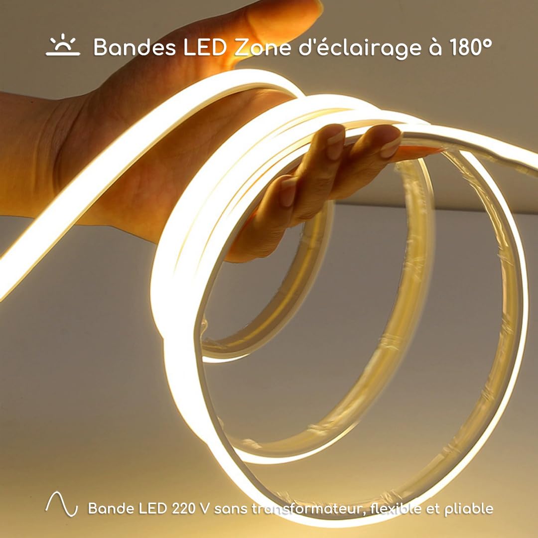 Ruban LED COB 220V IP65 avec Gradateur, Bande Flexible(3000K, 8M)