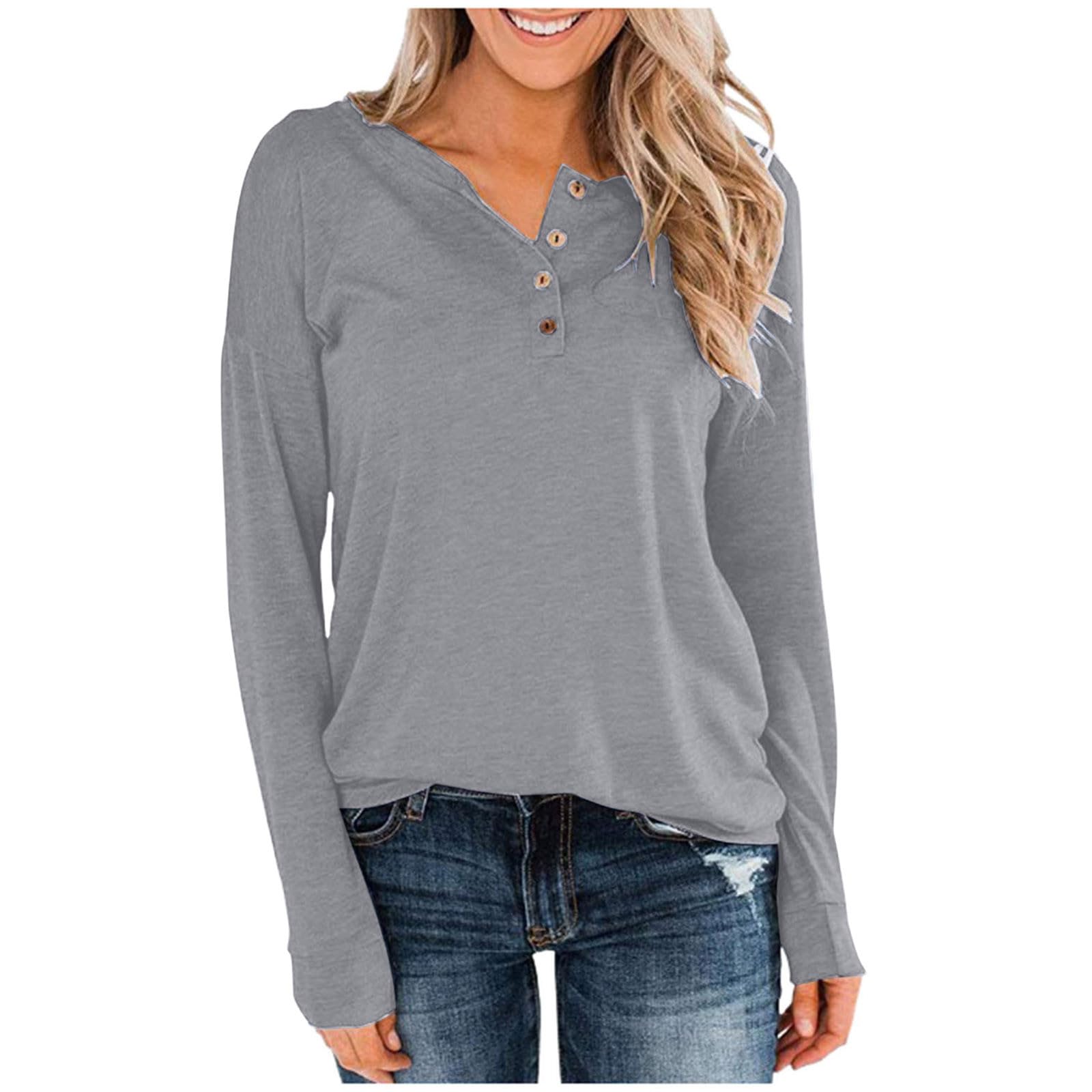 NZYIHAO Camiseta de manga larga para mujer, cuello de pico, manga larga, con botones, camiseta de invierno, camiseta larga, camiseta ligera informal, blusa monocolor, tallas grandes, túnica, túnica,