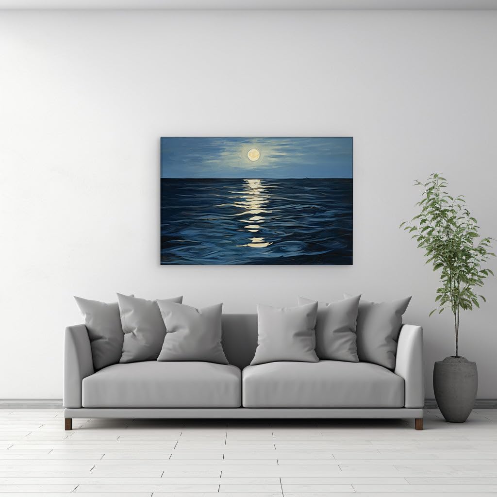 Canvas for Living room. Moonlit Majesty: The Serene Beauty of a Tranquil Sea at Night, 27 x 18 inch Canvas Wall Art - Contemporary Masterpieces - Modern Home Decor - 69x46 cm (27x18 inch)