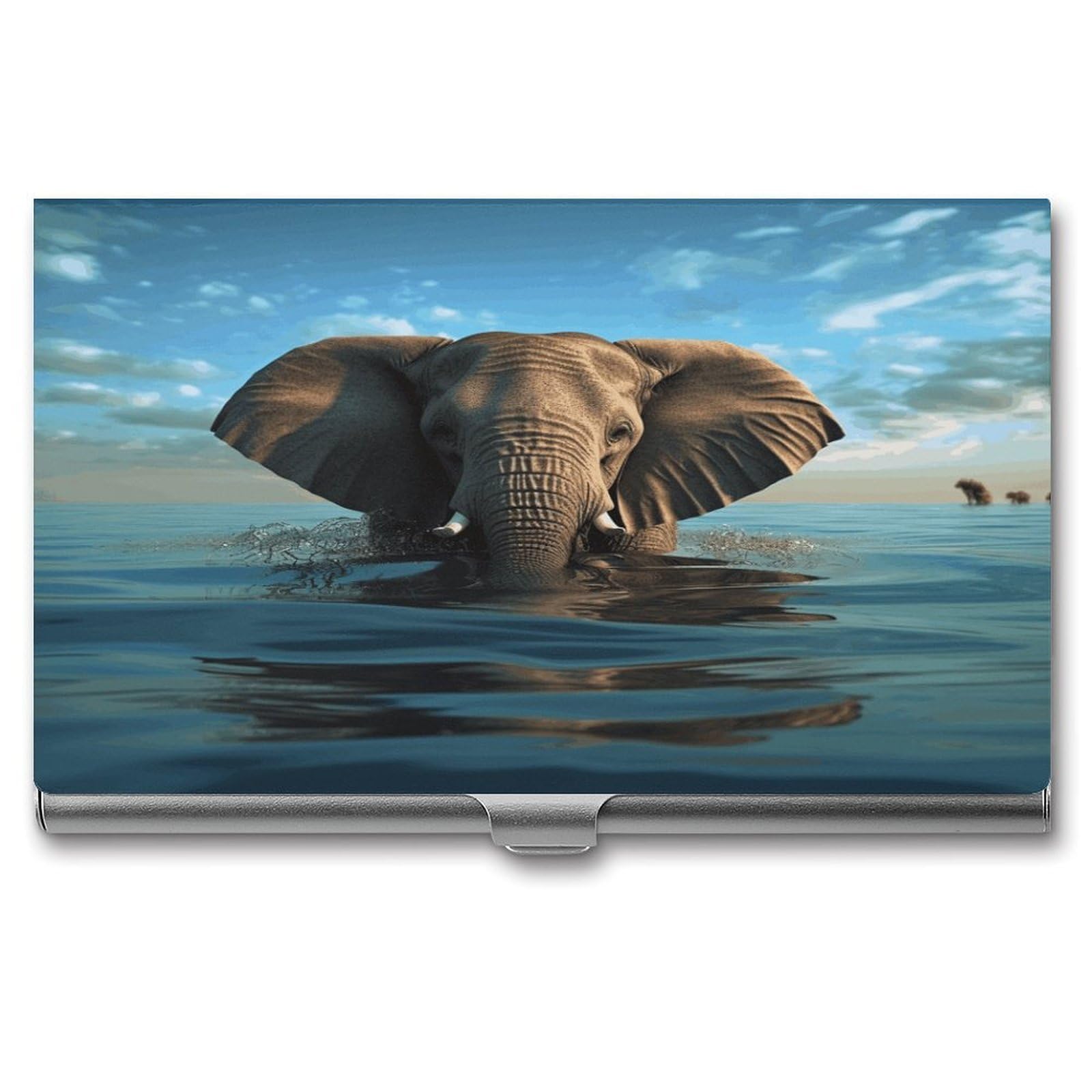 JTREHY Elephant Is Sitting in The Water Business Card Holder Slim Purse Name Card Holder Portable Metal Business Card Case Wallet Large Capacity Lightweight Business Card Case for Men Women