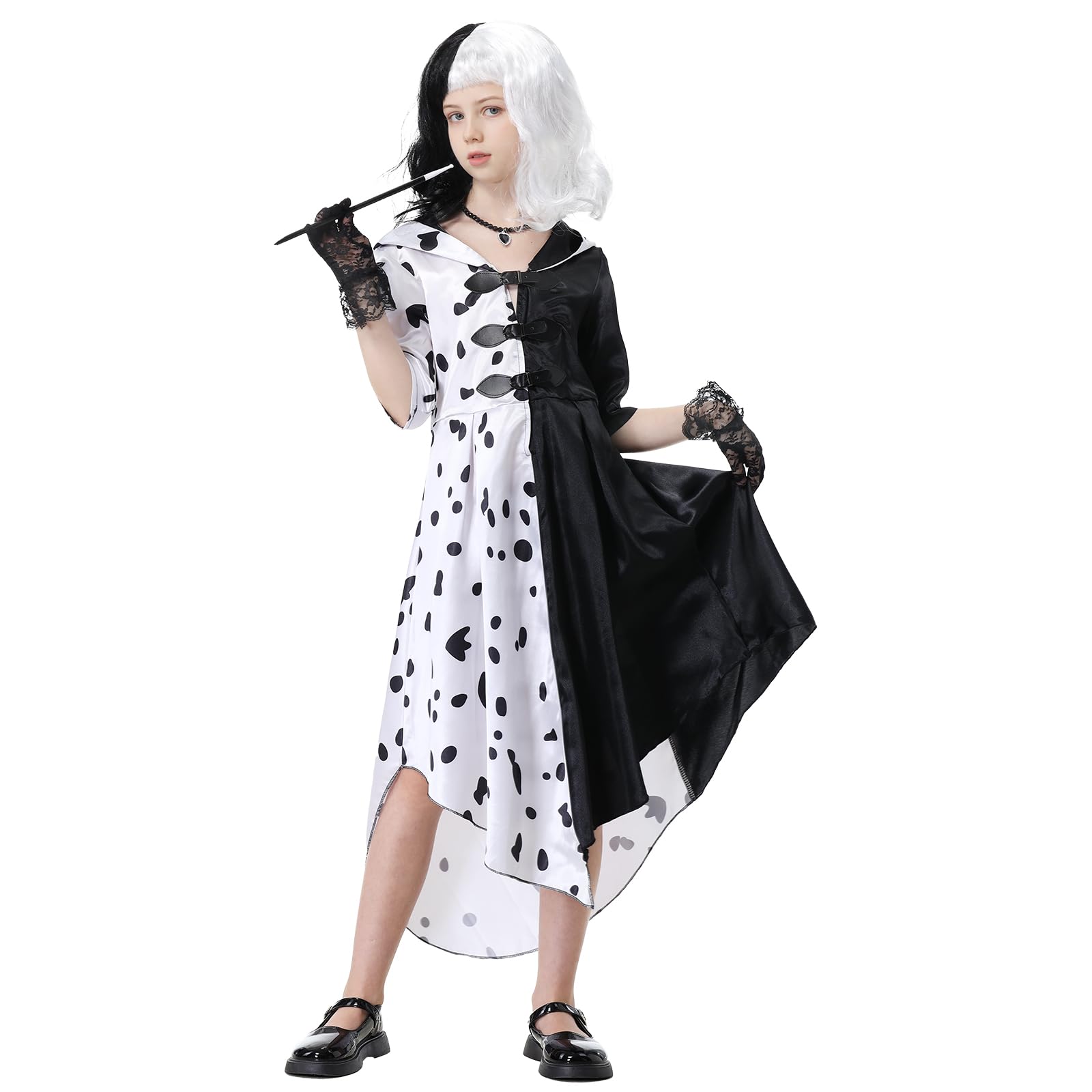 IEEILULU Cruella Costume Bambina, Vestito Crudelia Demon Donna, Costume da Crudelia Deville per Ragazze, Buono per il Ragazze Cosplay di Halloween - il Carnevale del Male