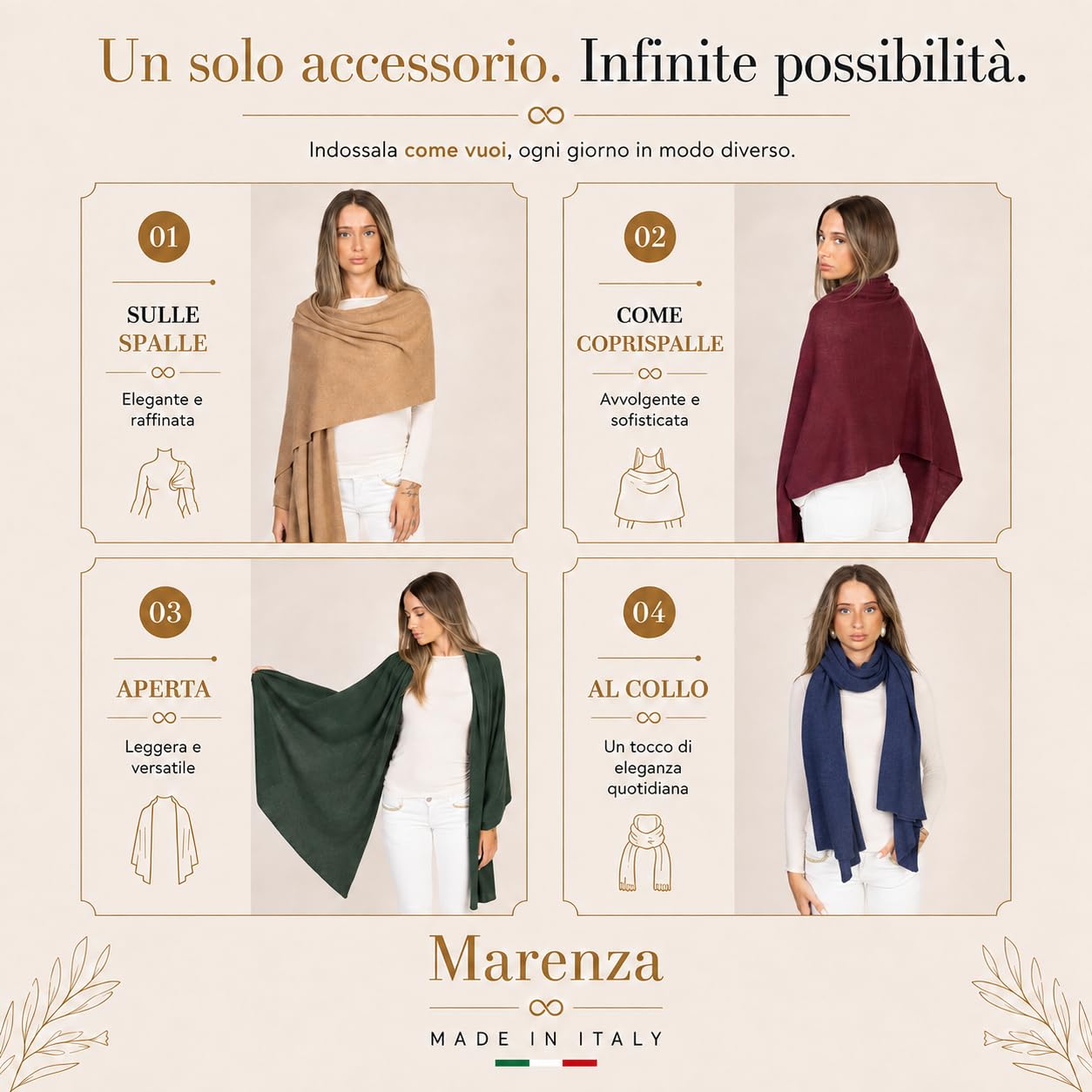 Marenza Stola Donna Misto Cashmere Made in Italy 200 x 75 cm – Sciarpa Elegante con Cashmere, Lana e Seta – Morbida, Calda e Leggera – Maxi Pashmina per Cerimonia, Inverno