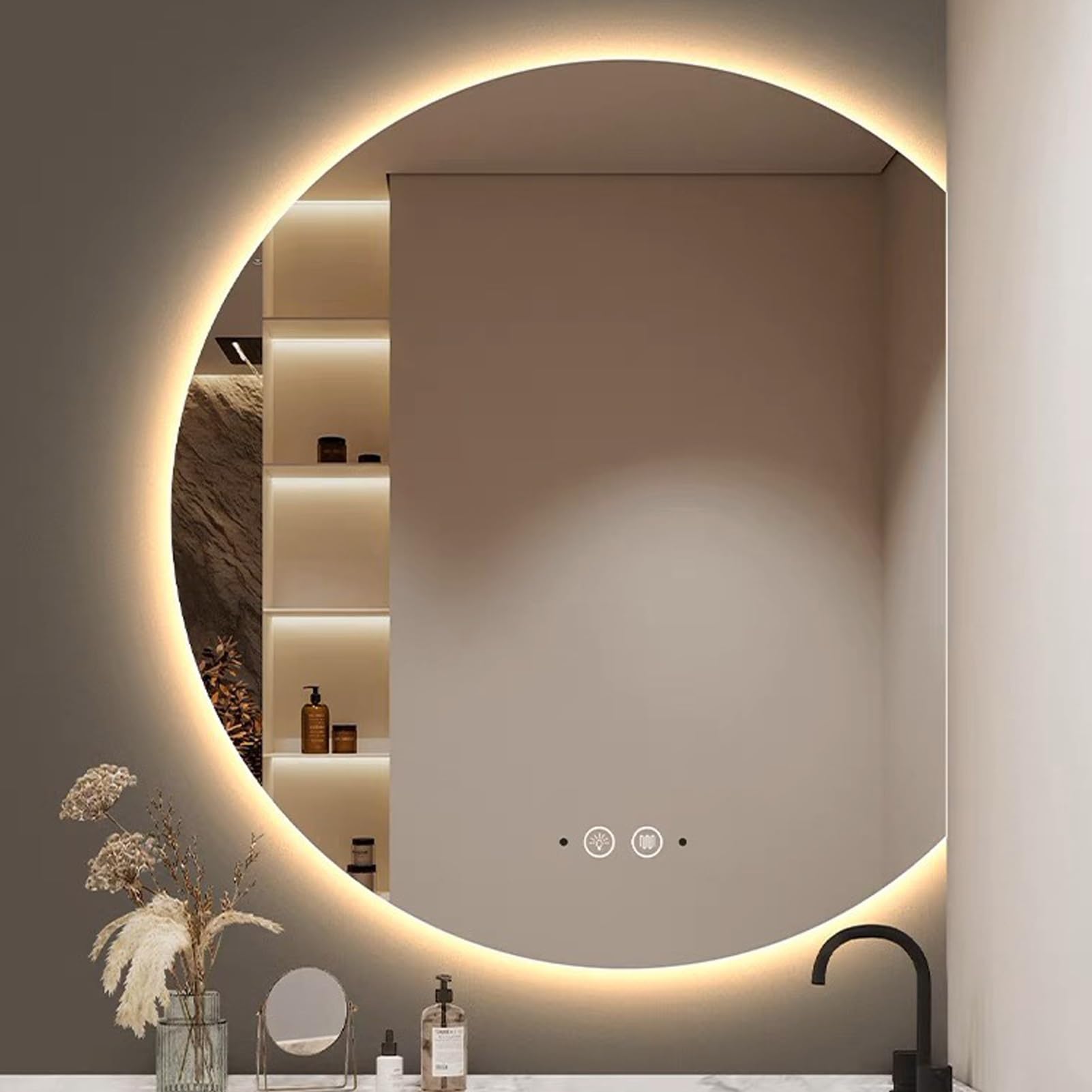 SXFSDOU LED Wall Mounted Vanity Mirror with Touch Sensor, Demister, 21.3x23.6in - Illuminated Bathroom for Makeup, Shaving, and Grooming, Modern Design