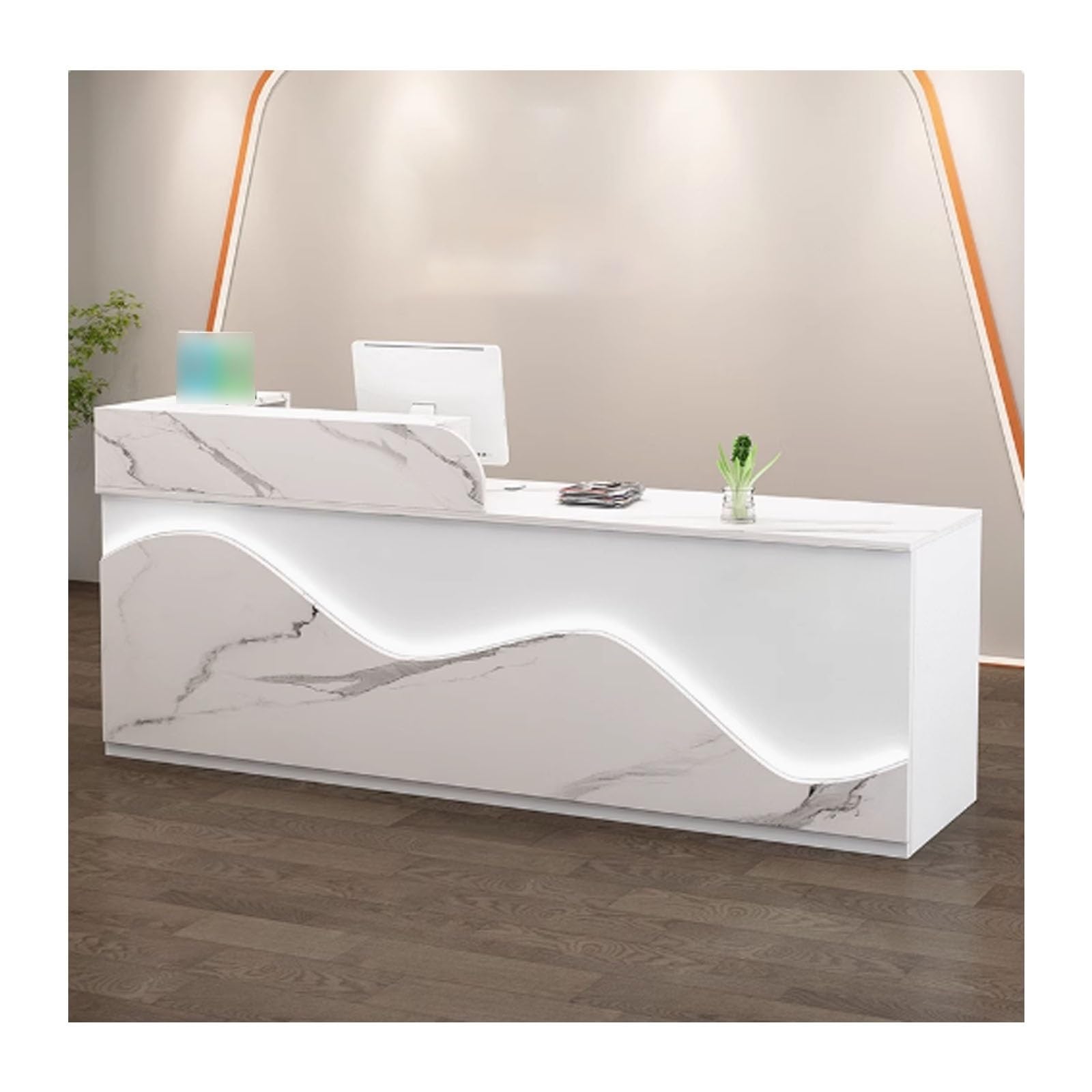 Nowoczesne biurko z oświetleniem LED – przestronne meble biurowe, wykończenie z białego marmuru, 120 cm, idealne do biur, holów i poczekalni.