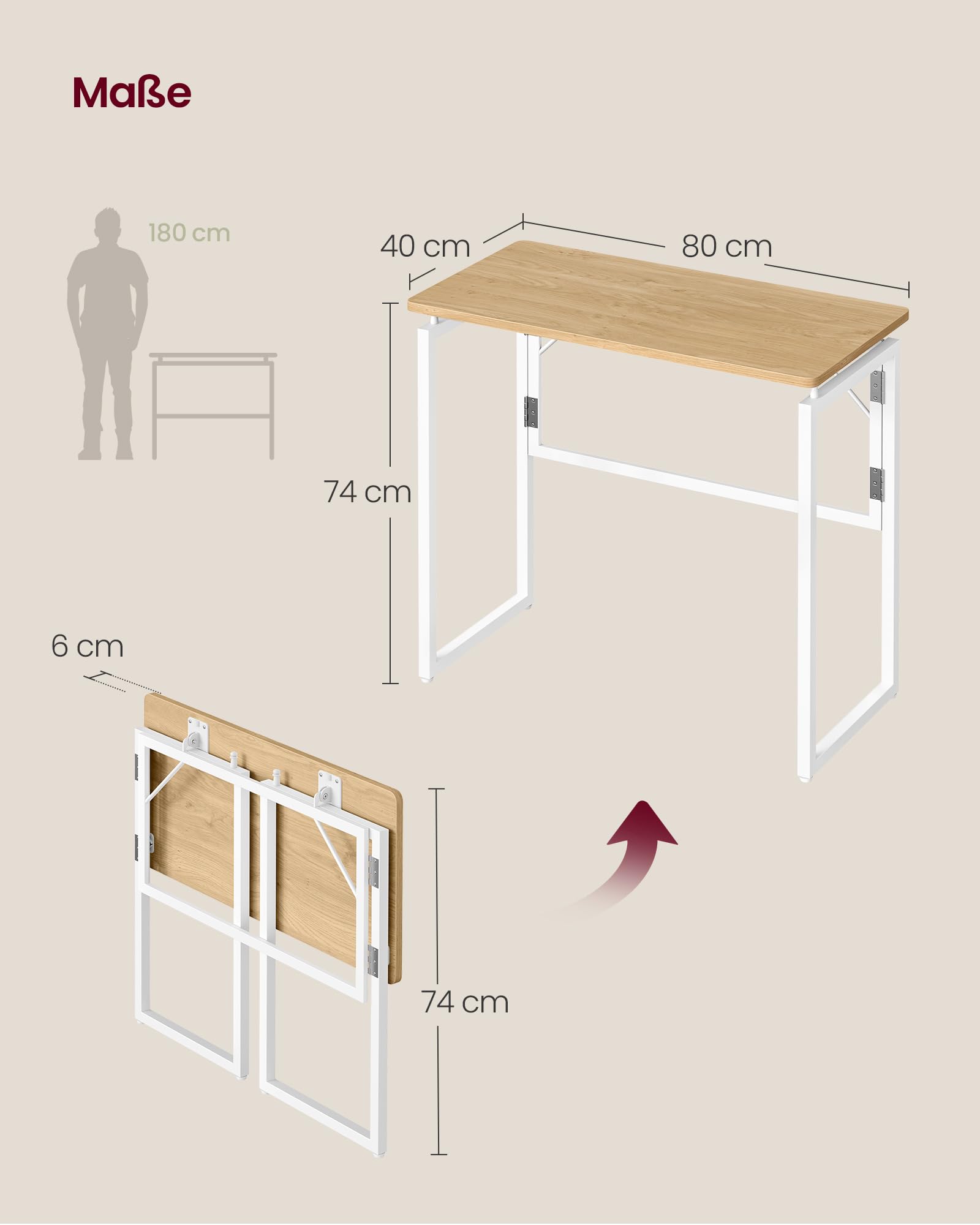 VASAGLE Klapptisch klappbarer Computertisch 80 x 40 cm natureichenfarben