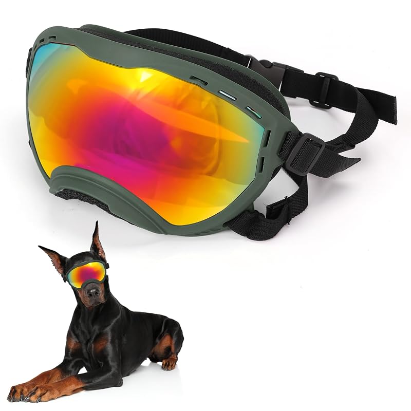 Óculos de Sol para Cães Grandes Flantor com Lentes Coloridas e Tiras Ajustáveis (Green with Colored Lens), 1 unidade