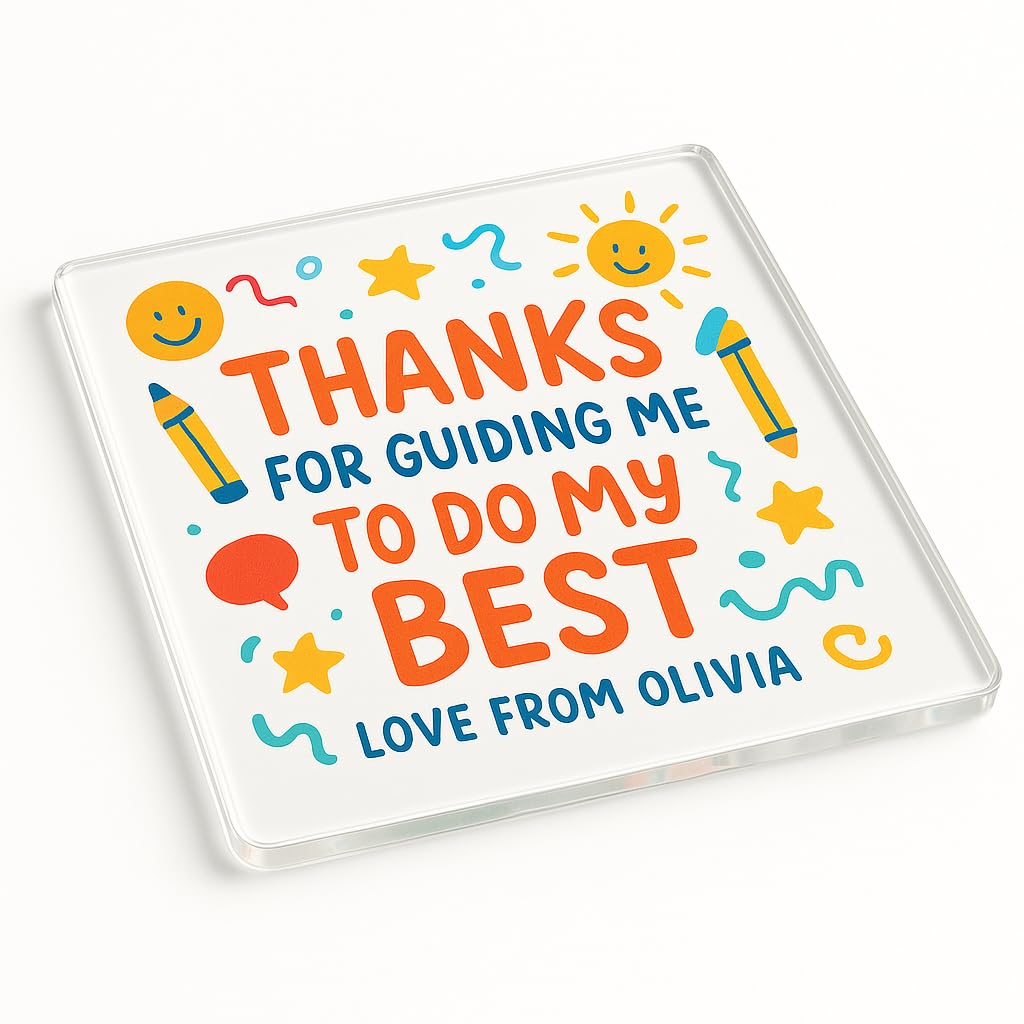 The Plum Penguin Guiding Sunshine Personalised Thank You Teacher Gift Acrylic Coaster Gift With Playful Thank You Design - Joyful Childlike Decor For Personalised Teacher Appreciation Keepsake