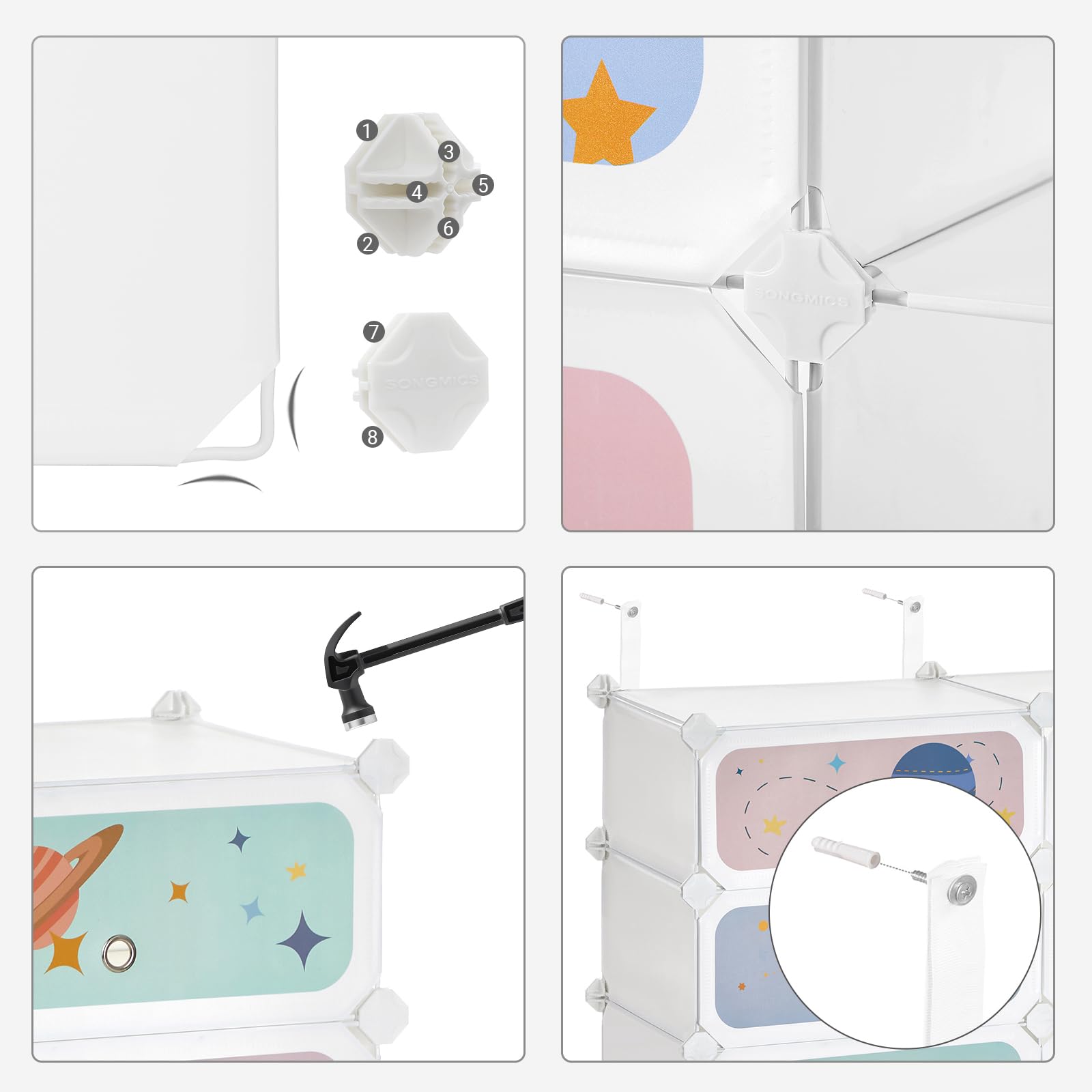 SONGMICS Scarpiera a 6 Scomparti per Bambini, Organizzatore Modulare ad Incastro in Plastica per Bambini, Guardaroba con Ante, 31 x 43 x 105 cm, Bianco Nuvola LPC904W01
