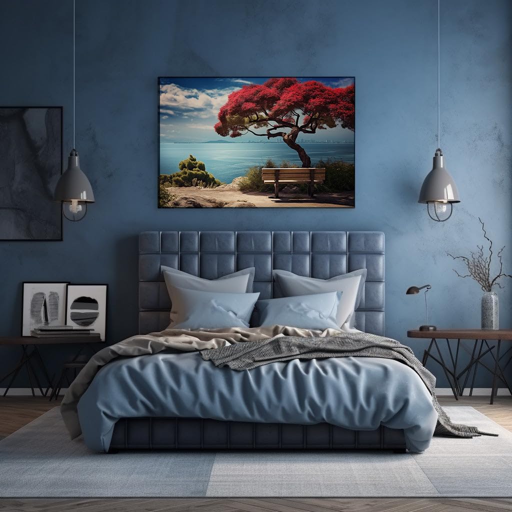 Canvas for Living room. Under the Crimson Canopy: Serenity by the Sapphire Tide, 27 x 18 inch Canvas Wall Art - Modern Home Decor