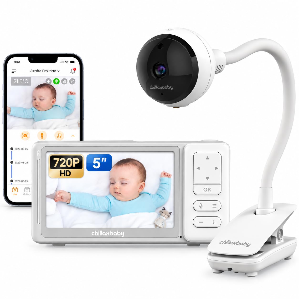 CHILLAX Baby Monitor with Camera and Audio, No WiFi/WiFi Optional, with App