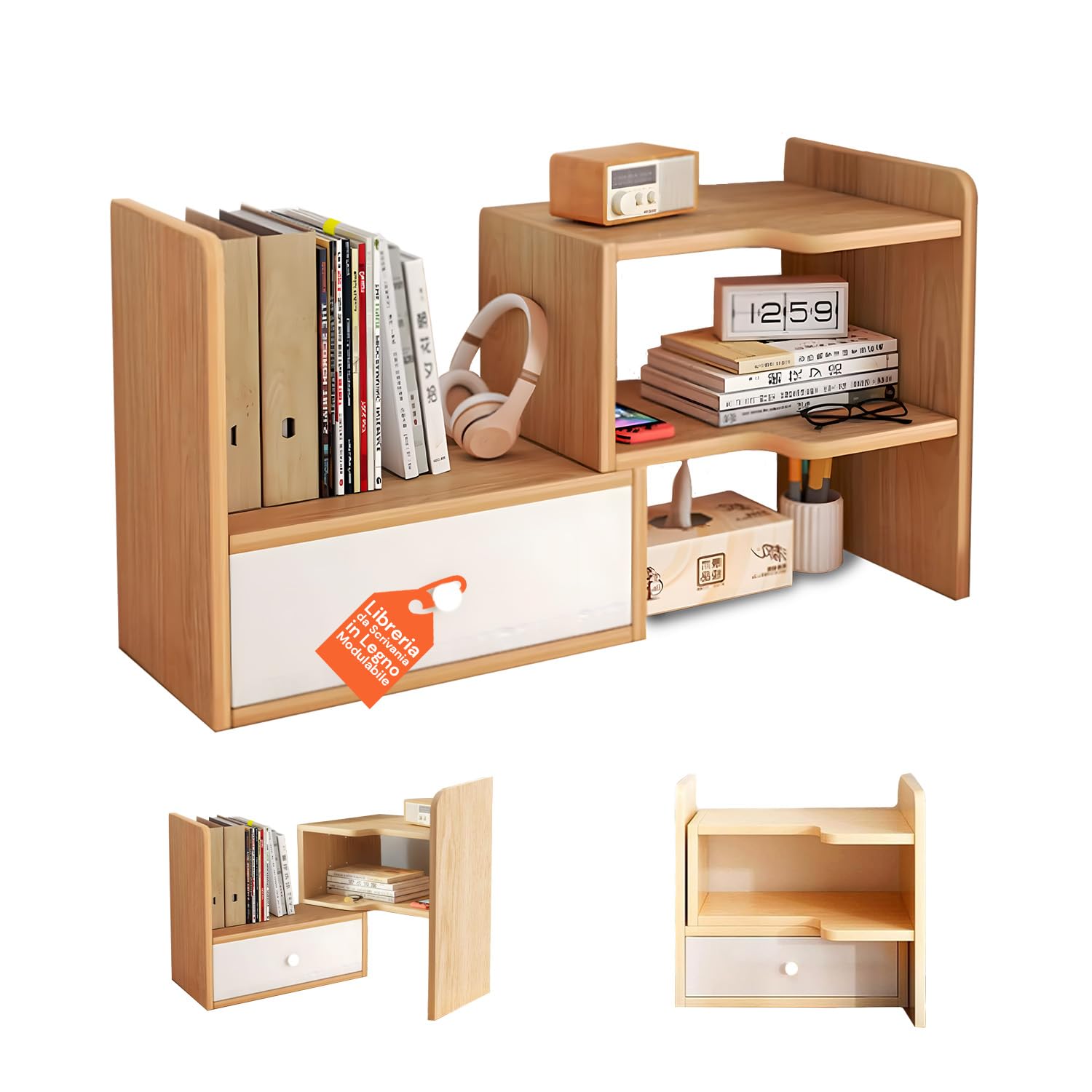 Avilia - Libreria da Scrivania in Legno con 5 Scomparti e 1 Cassetto Estensibile, Organizer Porta Libri da Scrivania Salvaspazio, Design Modulabile Facile da Montare e Resistente