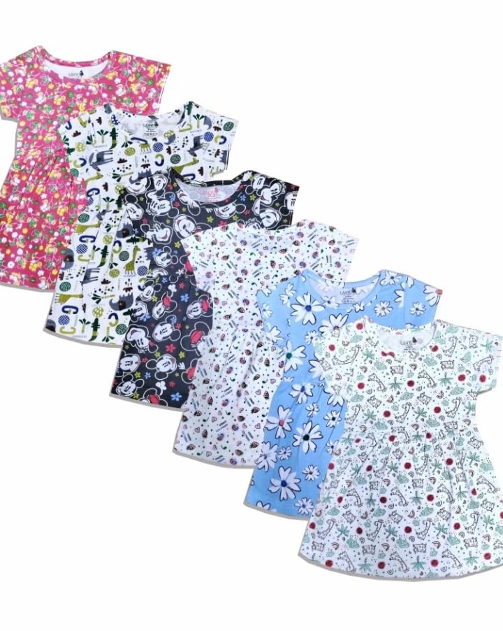 Image of Girls Pure Cotton Casual Round Neck Regular feet Multi Color Girls Gown Dress Half Sleeve Set of 3 pcs