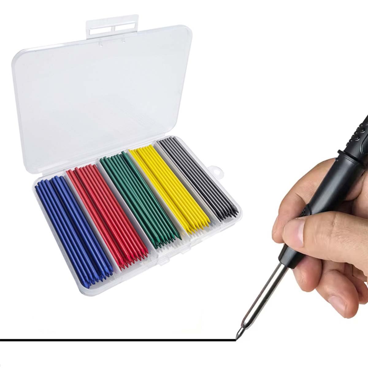 MROOFUL 200 PCS Of Blue, Red, Green, Yellow, Black Woodworking Lead, Carpenter Pencil Replacement Core, Large Capacity 2.8mm, Long Nose Deep Hole