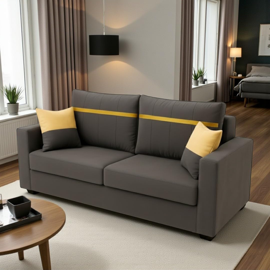 Stonvik 2 Seater Sofa Set | Soft Velvet Suede Fabric | Modern Design | Plush Comfort Cushions for Living Room (Dark Grey, Gold Stripped Cushion) Stonvik 2 Seater Sofa Set | Soft Velvet Suede Fabric | Modern Design | Plush Comfort Cushions for Living Room (Dark Grey, Gold Stripped Cushion)