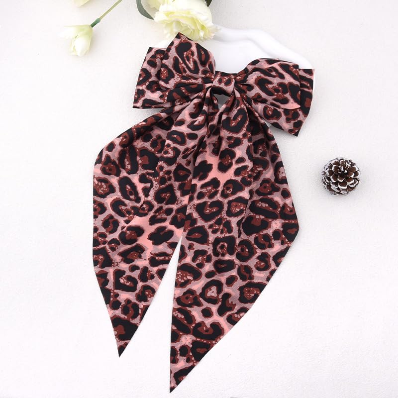 Lazo para cabello rosa con estampado de leopardo grande, clip francés de satín sedoso para mujeres, lazo con borla y cinta para el cabello con cola larga, clips para cabello para mujeres y niñas, regalo para San Valentín y cumpleaños miniatura 6