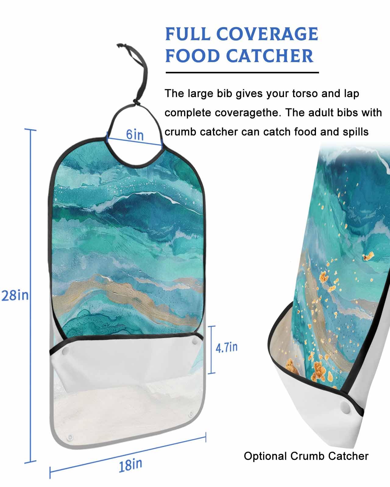 LEOKOTI Teal Coastal Adult Bibs for Eating, Waterproof Bibs with Food Catcher & Adjustable Snap Closure, Summer Beach Nautical Abstract Art Washable Clothing Protectors Adult Bibs for Elderly