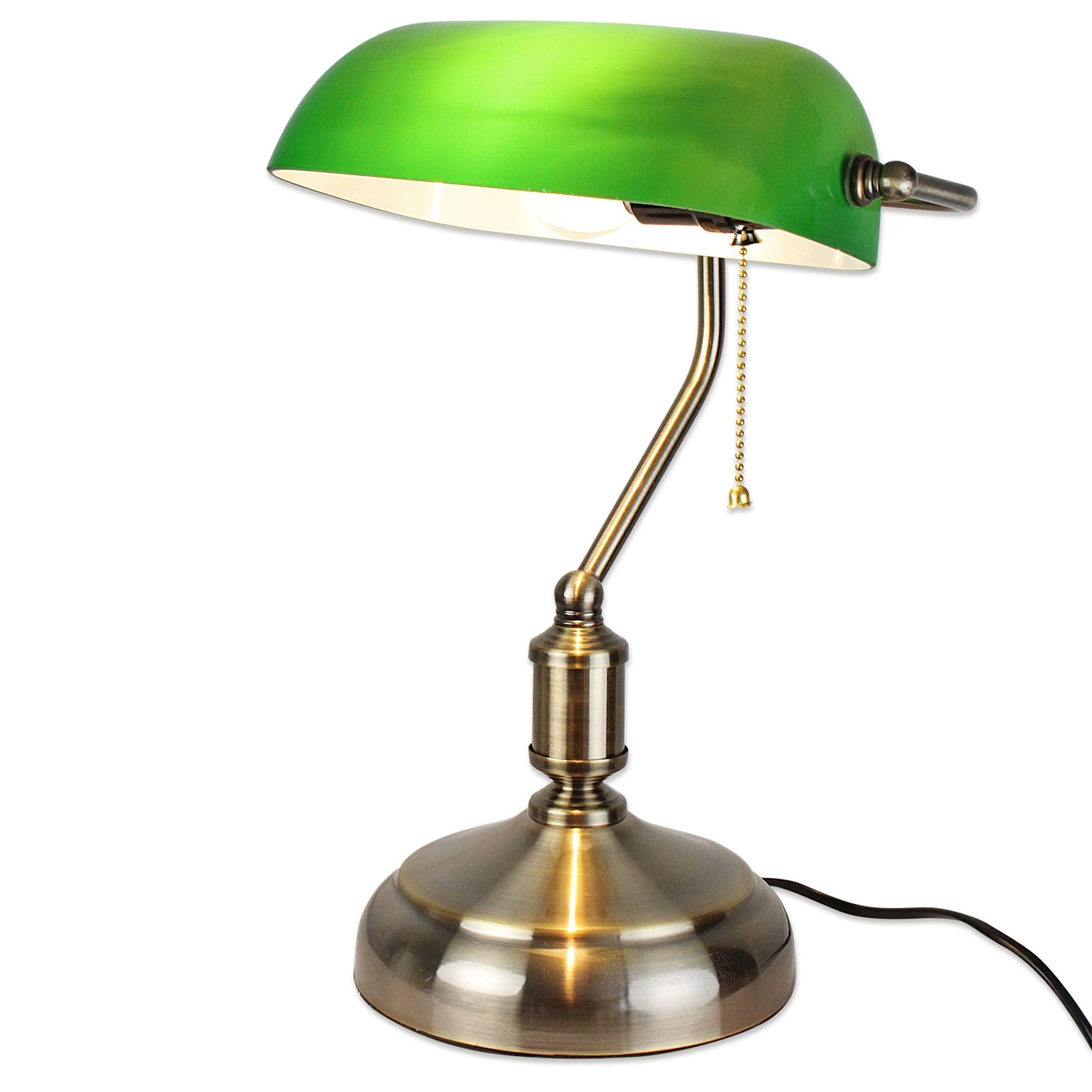 FISHTEC Lámpara de Banquero - Lámpara de escritorio Vintage con Casquillo E27 - Pantalla de Vidrio opalino - Interruptor con cadena - 38 cm - Acabado Bronce y Verde