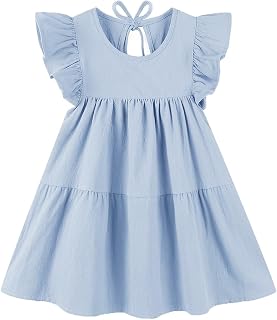 Toddler Dress Baby Girls Cotton Linen Ruffle Sleeve Tiered Swing Casual Summer Boho Dresses