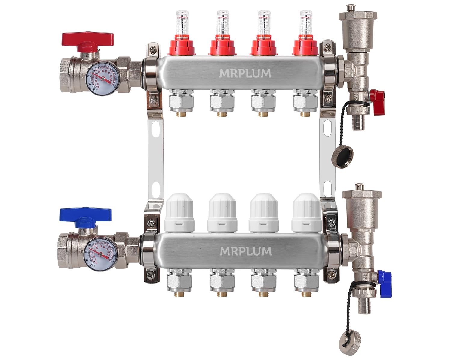 Kit de colector de calor de piso de acero inoxidable de 4 ramas con adaptadores de 1,27 cm incluidos para calefacción por suelo radiante hidrónico