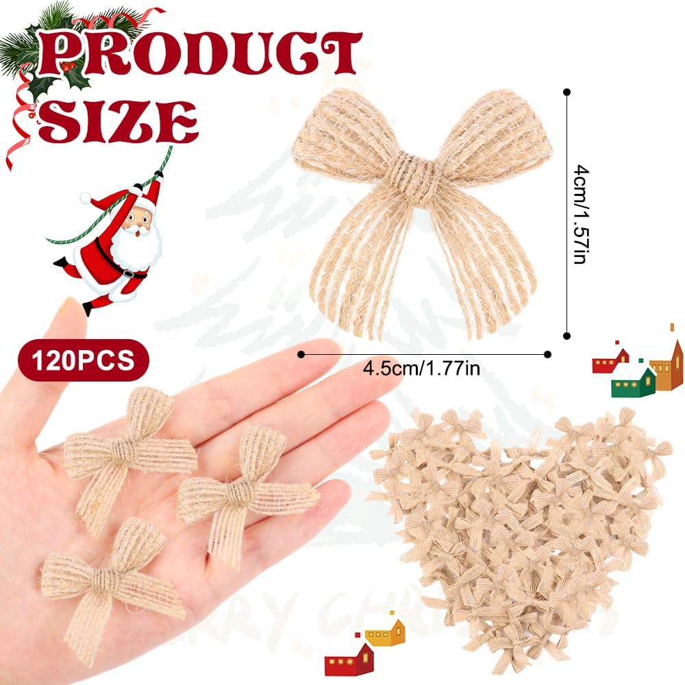 JOICEE 120 Pcs Christmas Mini Burlap Bows, Small Burlap Ribbon Bows Linen Bows DIY Craft Farmhouse Home Decoration for Home Xmas Trees Gifts Sewing Decor - Image 2