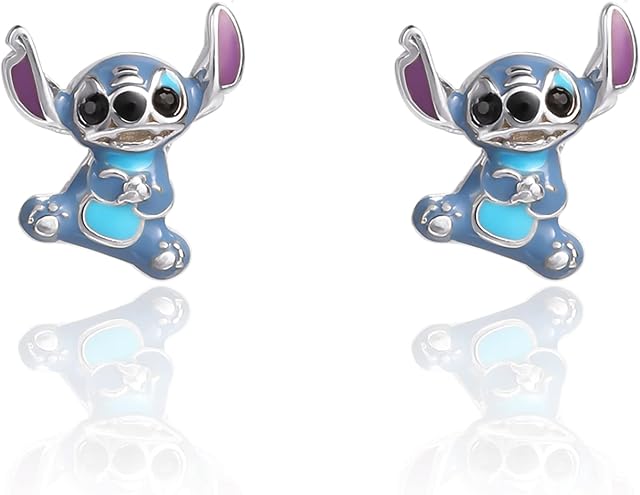 Disney Lilo and Stitch Jewelry, 3D Blue Enamel and Silver Stitch Stud Earrings