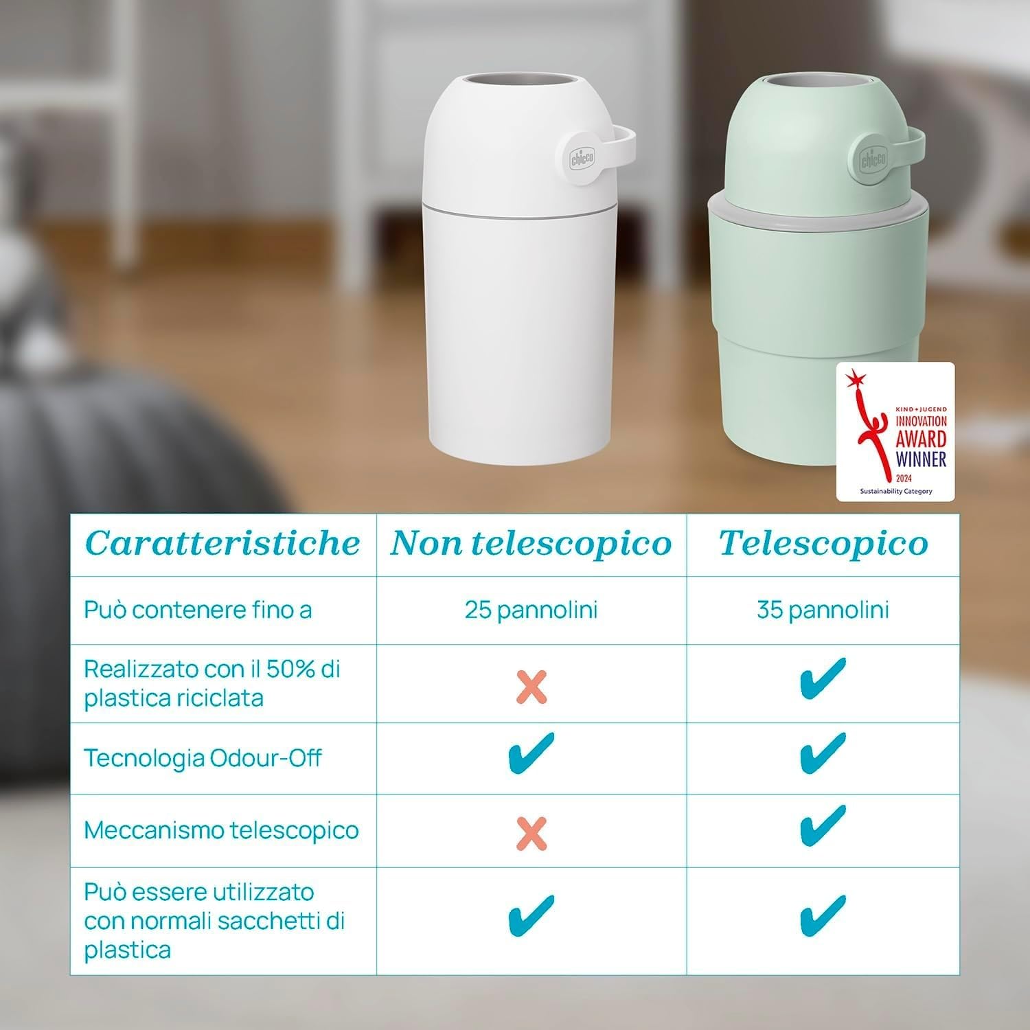 Chicco Mangiapannolini Telescopico Controlla Odori Compatto, Smaltimento Pannolini, Cestino Contenitore Pieghevole e Salvaspazio, Verde + 45 Sacchetti Odour off