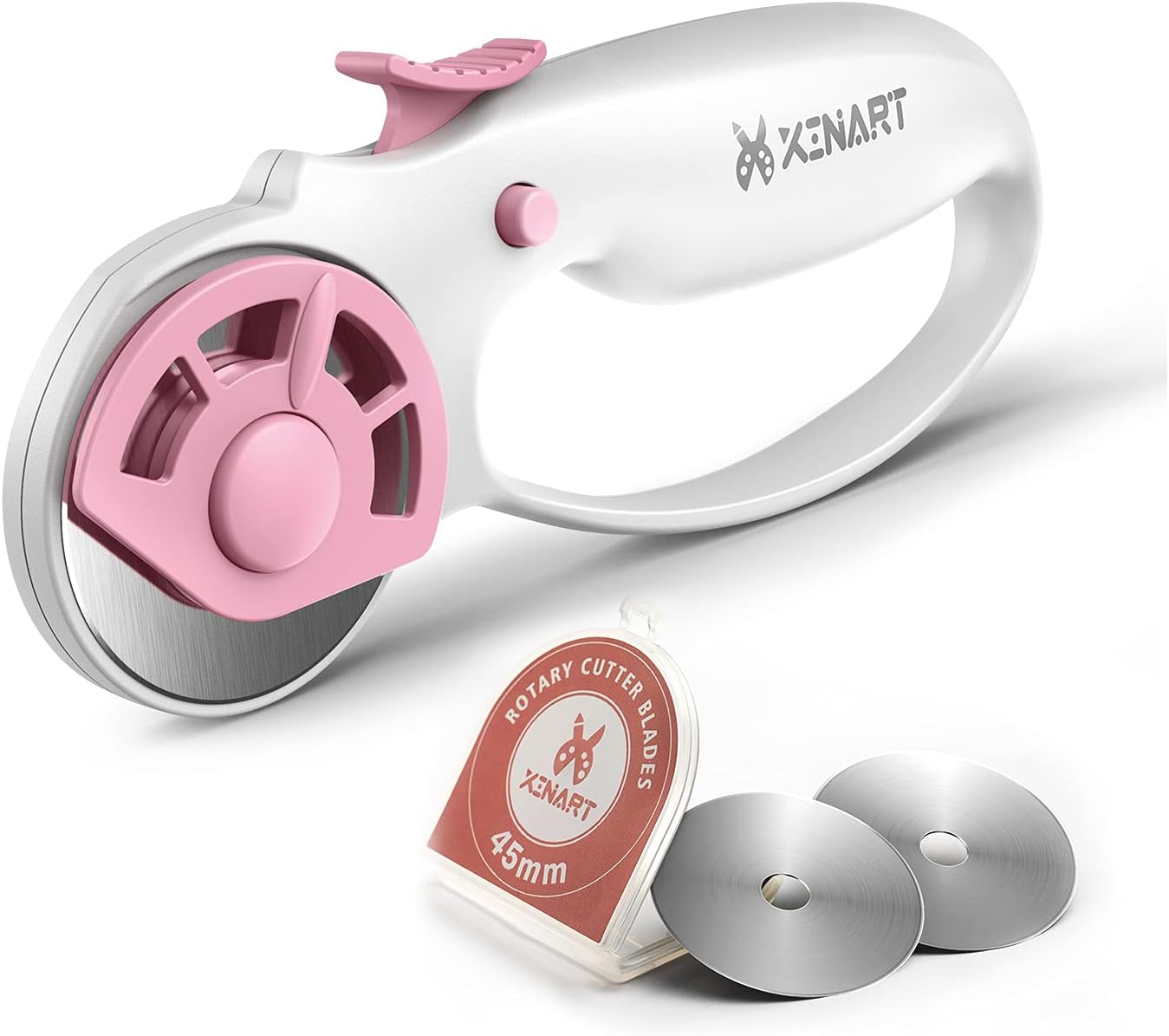 XINART 45mm Rotary Cutter for Fabric Safety Lock Ergonomic Classic Comfort Loop Fabric Small Rotary Cutter for Sewing Quilting Crafting (Extra 2pcs Replacement Blades Included)-Pink