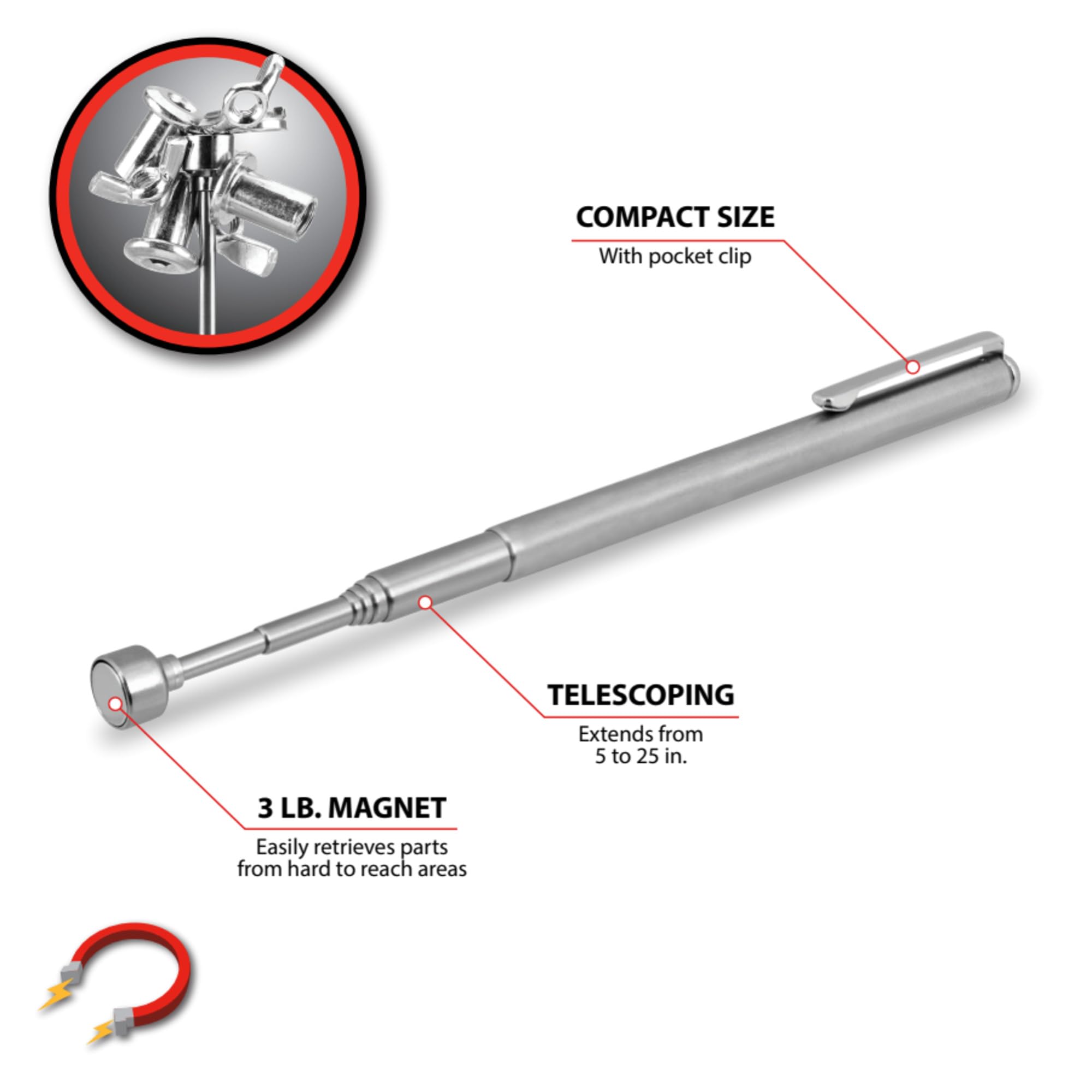 Performance Tool W9100 Magnetisches Greifwerkzeug, ausziehbar 63,5 cm, 1,4 kg | Ausziehbar auf 63,5 cm. Der robuste Magnet holt verlorene Teile ab. Praktischer Taschenclip für Autowartung und Werkstatt