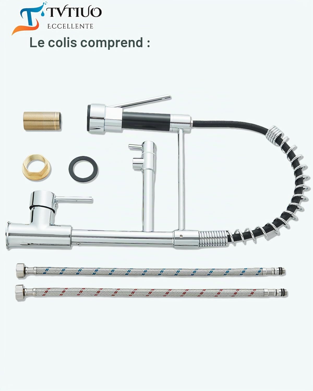 Robinet de cuisine, avec 2 buses, robinet à ressort amortisseur de cuisine, rotation à 360°, standard froid et chaud, laiton chromé.