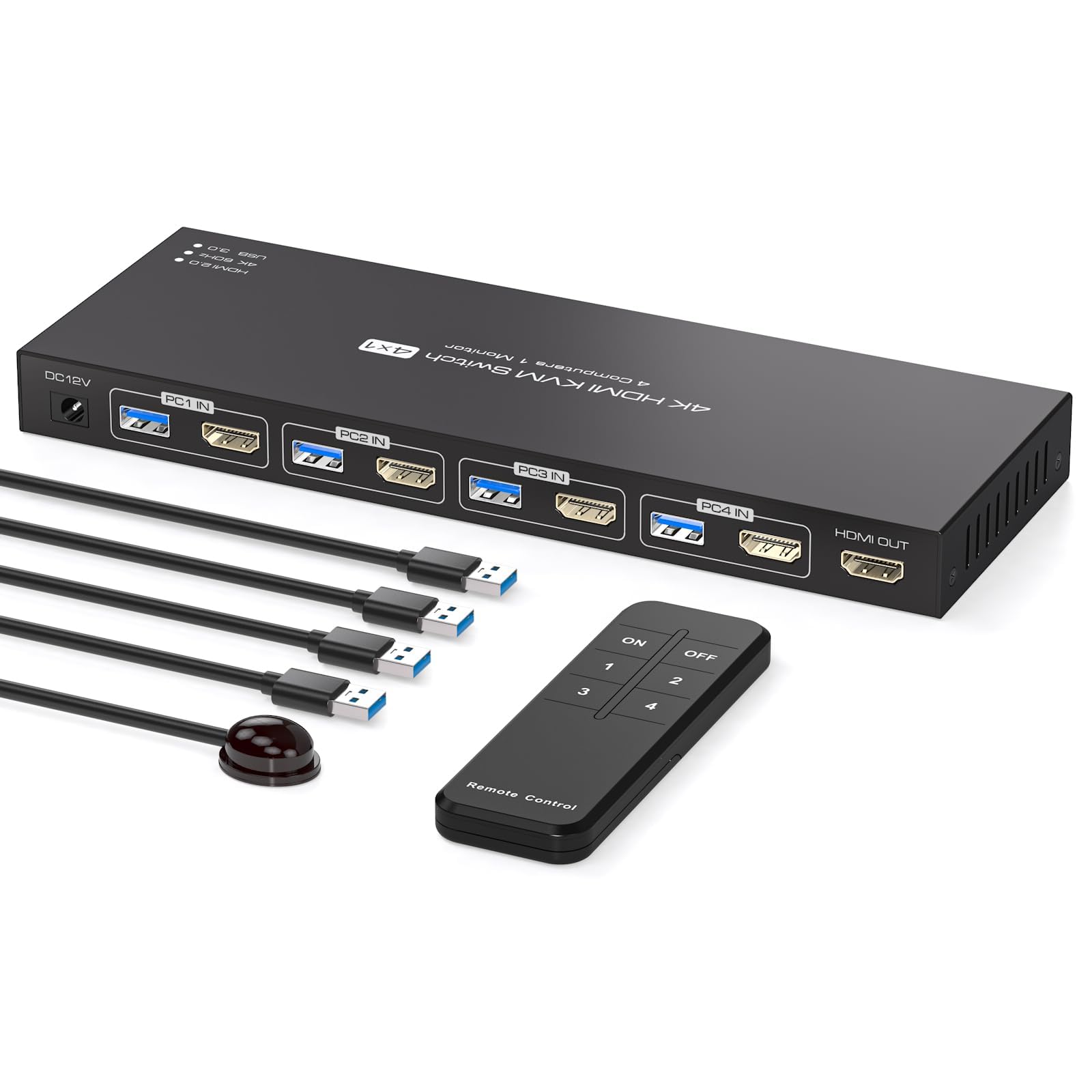 KVM Switch 4 PC 1 Monitor HDMI 4K60Hz Edid Emulation KVM Switch 4 Port USB HDMI Umschalter für 4 PC Die Sich 1 Monitor Und 4 USB3.0-Geräte Teilen IR-Fernbedienung Und 12V Netzteil Enthalten