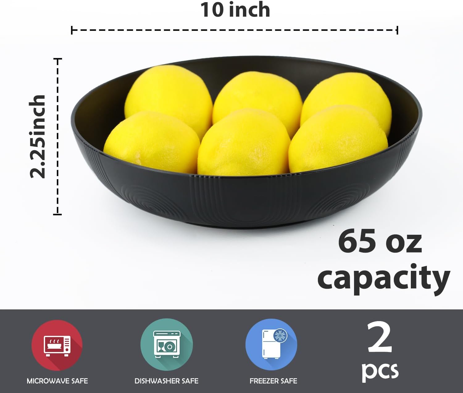 Wrova Wheat Straw Salad Bowls,65oz Unbreakable Wide and Shallow Dinner Bowls Set of 2,Microwave Safe Reusable Plastic Salad Bowls for Kids, Adults,Salad,Camping,RV.Black and White - Image 2