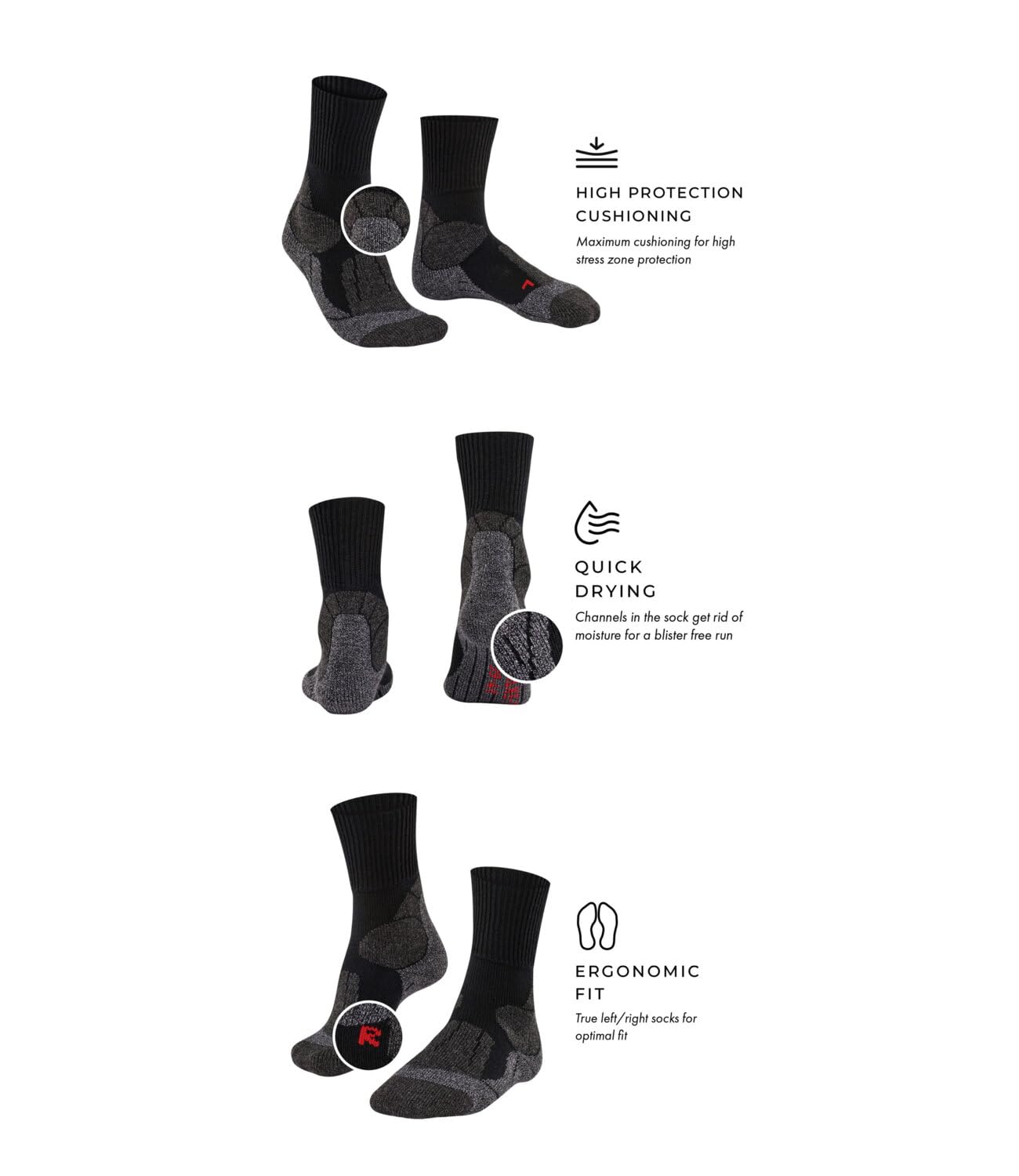 FALKE hombre TK1 calcetines para senderismo amortiguación fuerte máxima protección anti ampollas transpirable secado rápido regulación del clima antiolores lana hilo funcional 1 par