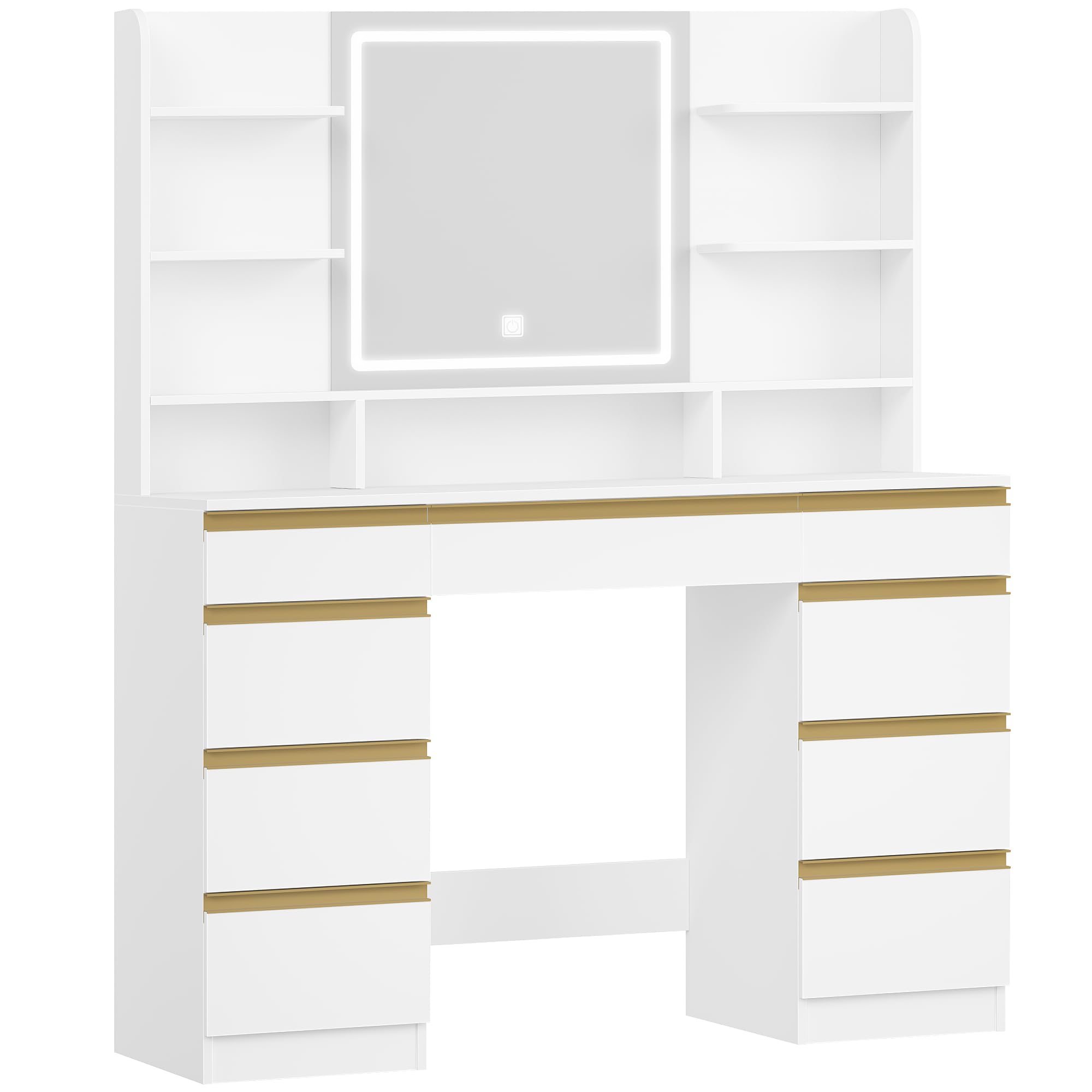 Hzuaneri Toeletta da Trucco Grande con Illuminazione a LED, 3 Colori, Luminosità Regolabile, Tavolo da Trucco con Specchio, 9 Cassetti, 9 Ripiani Aperti, Stile Moderno, Bianco-Oro DT41903X