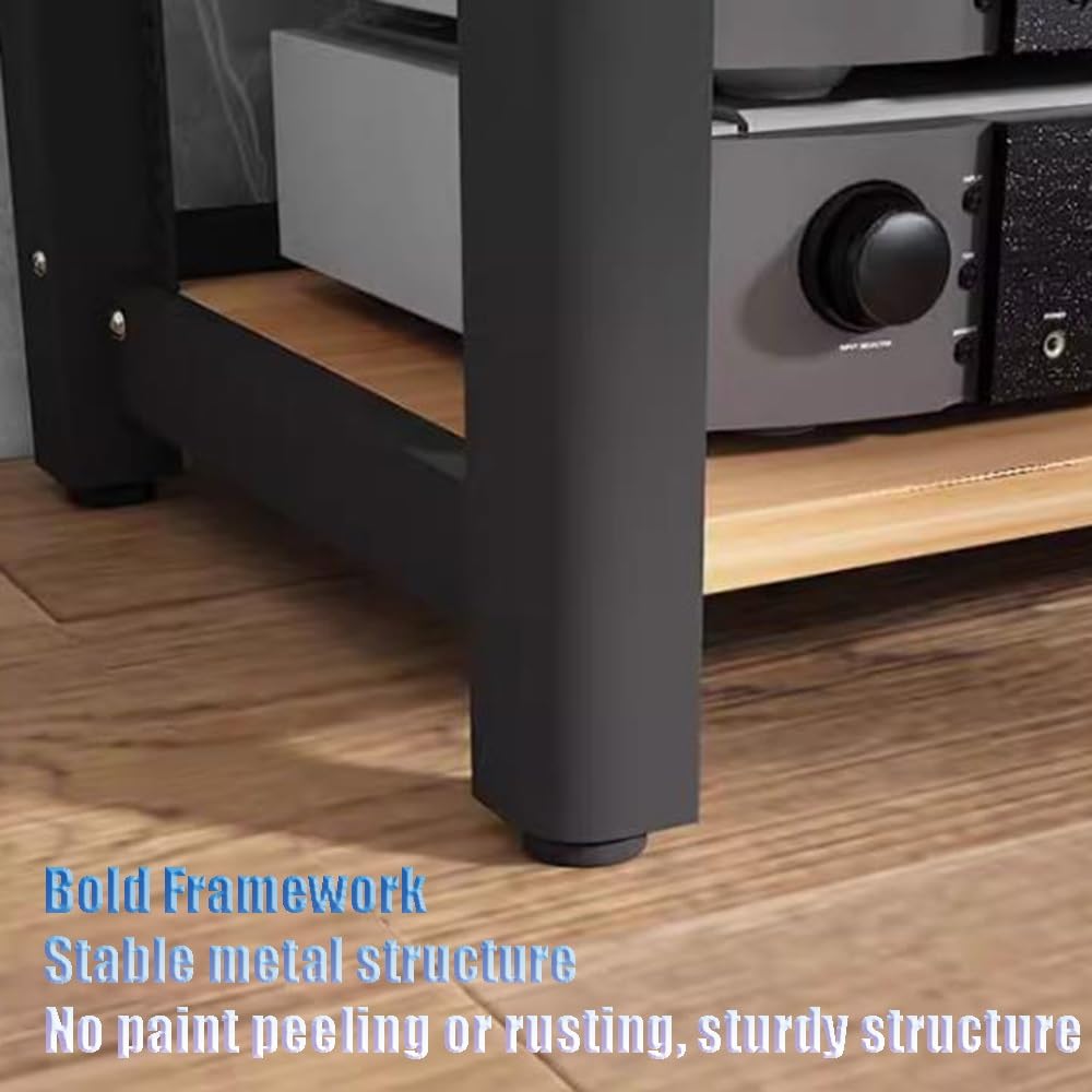 Scaffale in legno e acciaio, supporto multimediale regolabile, torre audio a 4 livelli, scaffale per lettore CD, armadio stereo da pavimento, design moderno in teak per home theater e sistemi audio