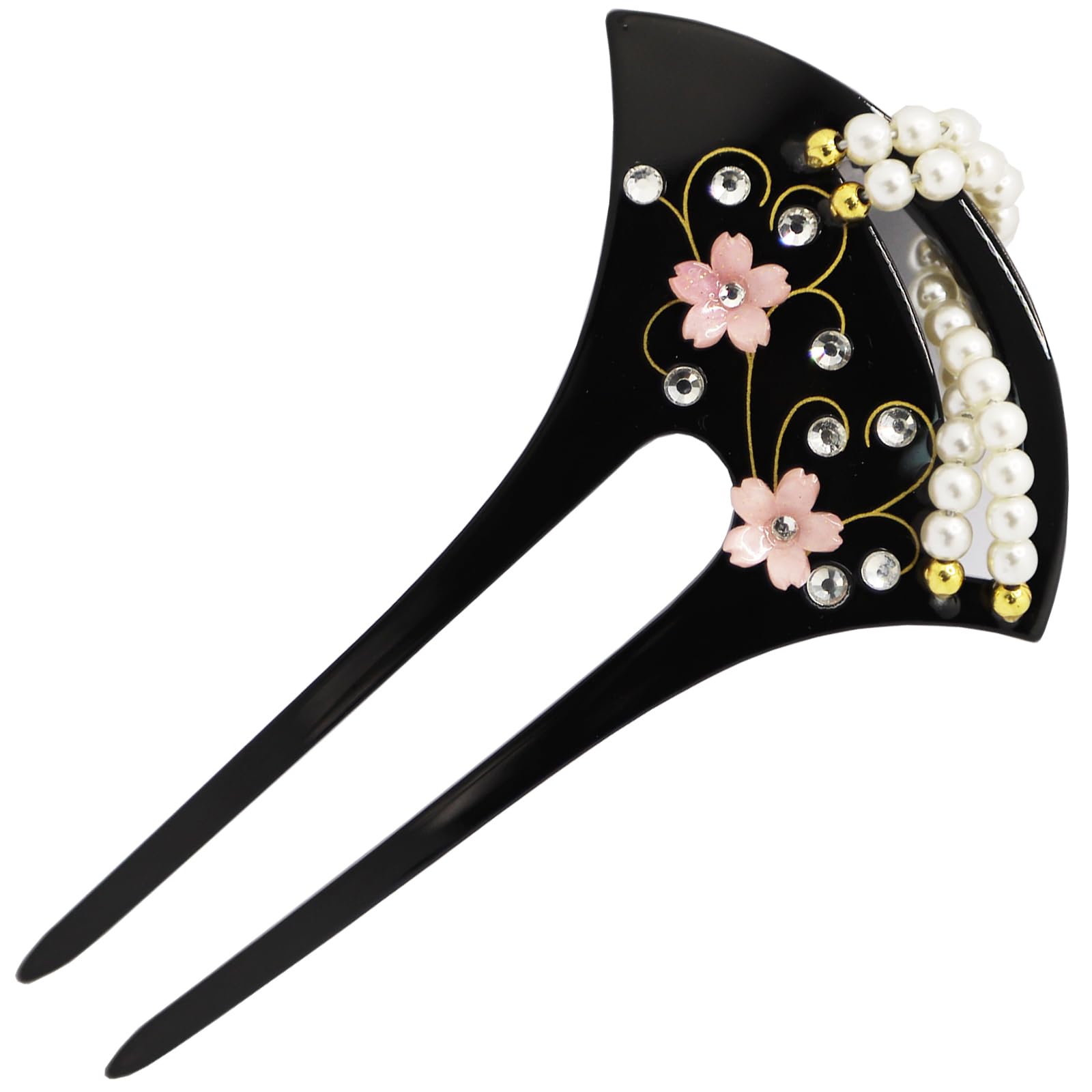 TOuWA Kanzashi Bachi Fan Night Cherry Blossom Pearl Two-Prong Hair Ornament