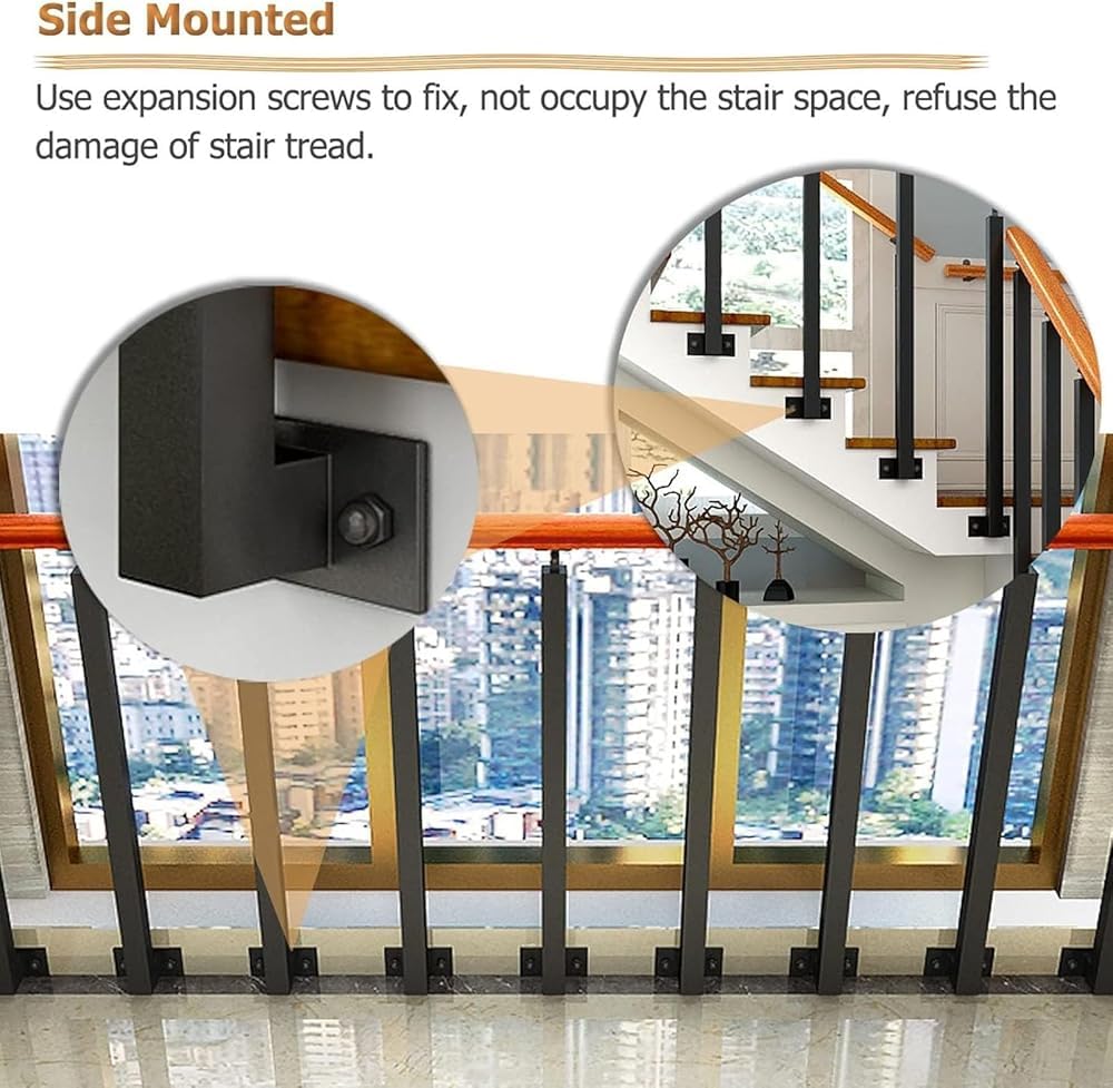 Poręcz schodowa - Zestaw kolumn do montażu bocznego, wsporniki płaskie regulowane w zakresie 270°, słupek wrzecionowy, żelazny kwadratowy balustrad, do schodów werandy, tarasów i rec