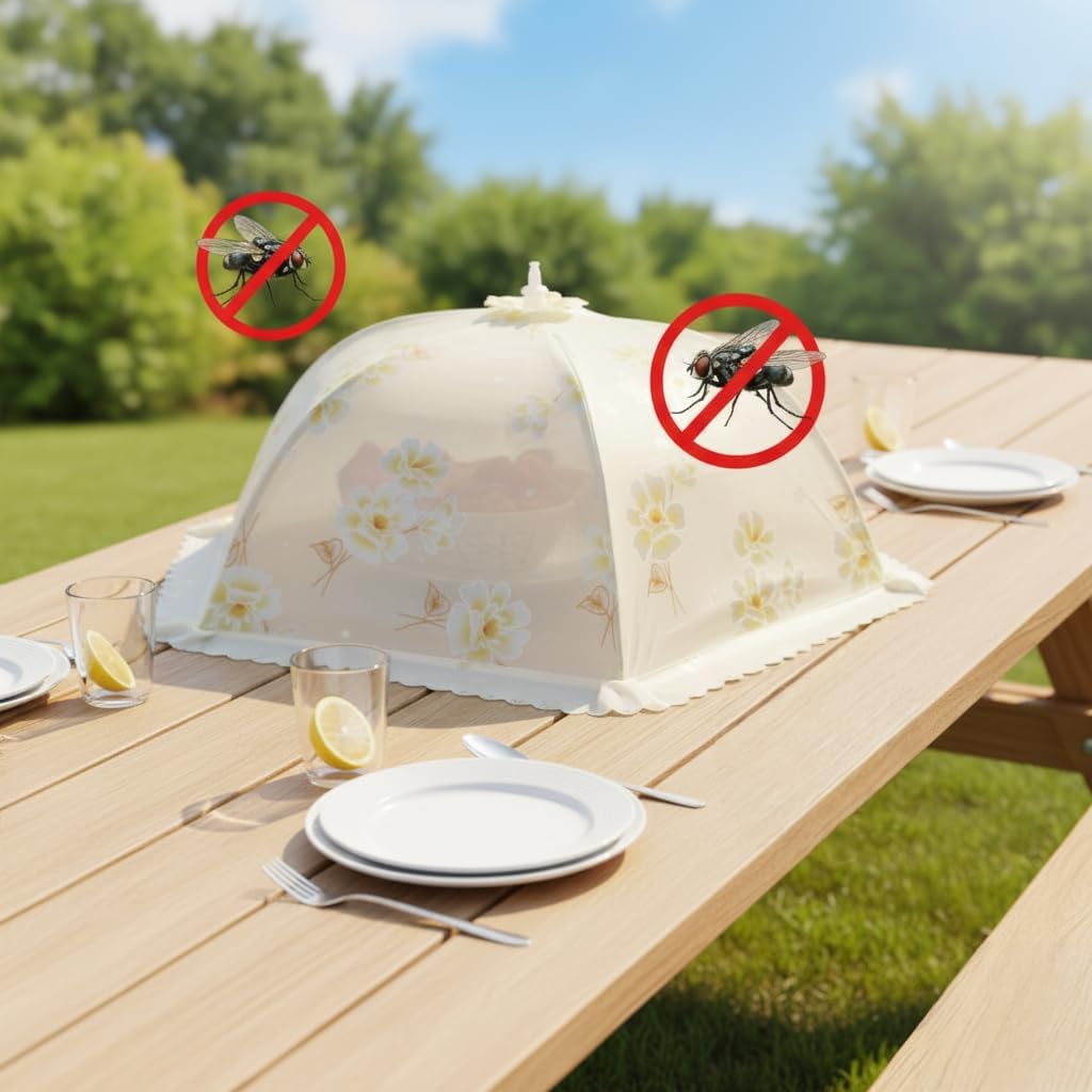 Food Nets for Outdoors, Large Mesh Screen Protectors for Outside Picnic and Camping, Foldable Tents for Party Platter to Keep Flies Out (Beige-Floral Pattern)