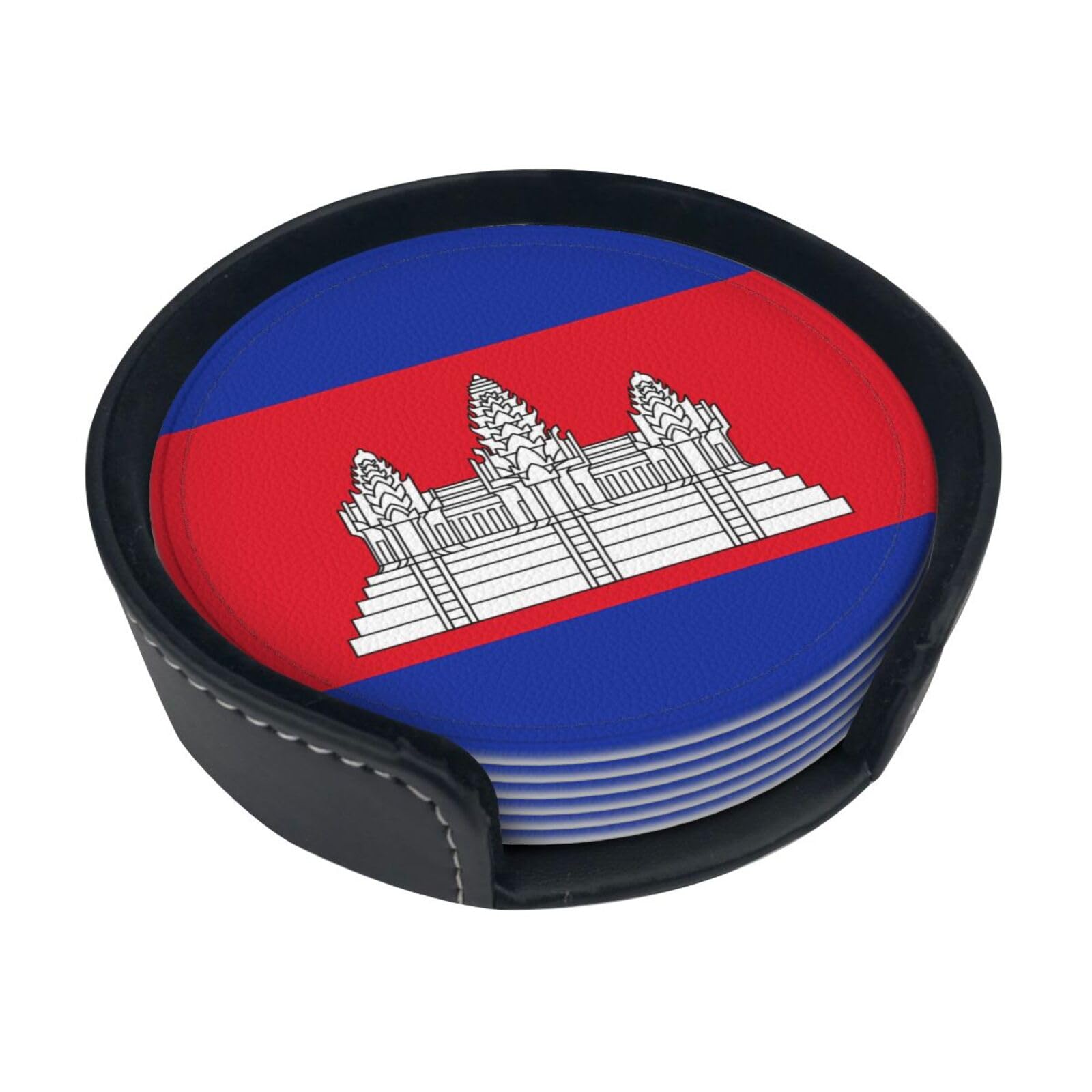 Cntdbu White Cambodia Flag Leather Coasters Set Of 6-Pu Leather Drink Mats For Table, Heat Resistant Round Coasters With Holder