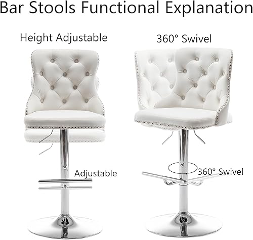 Miniatura 4 de Juego de 4 taburetes de bar de terciopelo, taburetes de bar giratorios de altura de mostrador con ribete de cabezas de clavos y botón, taburetes de