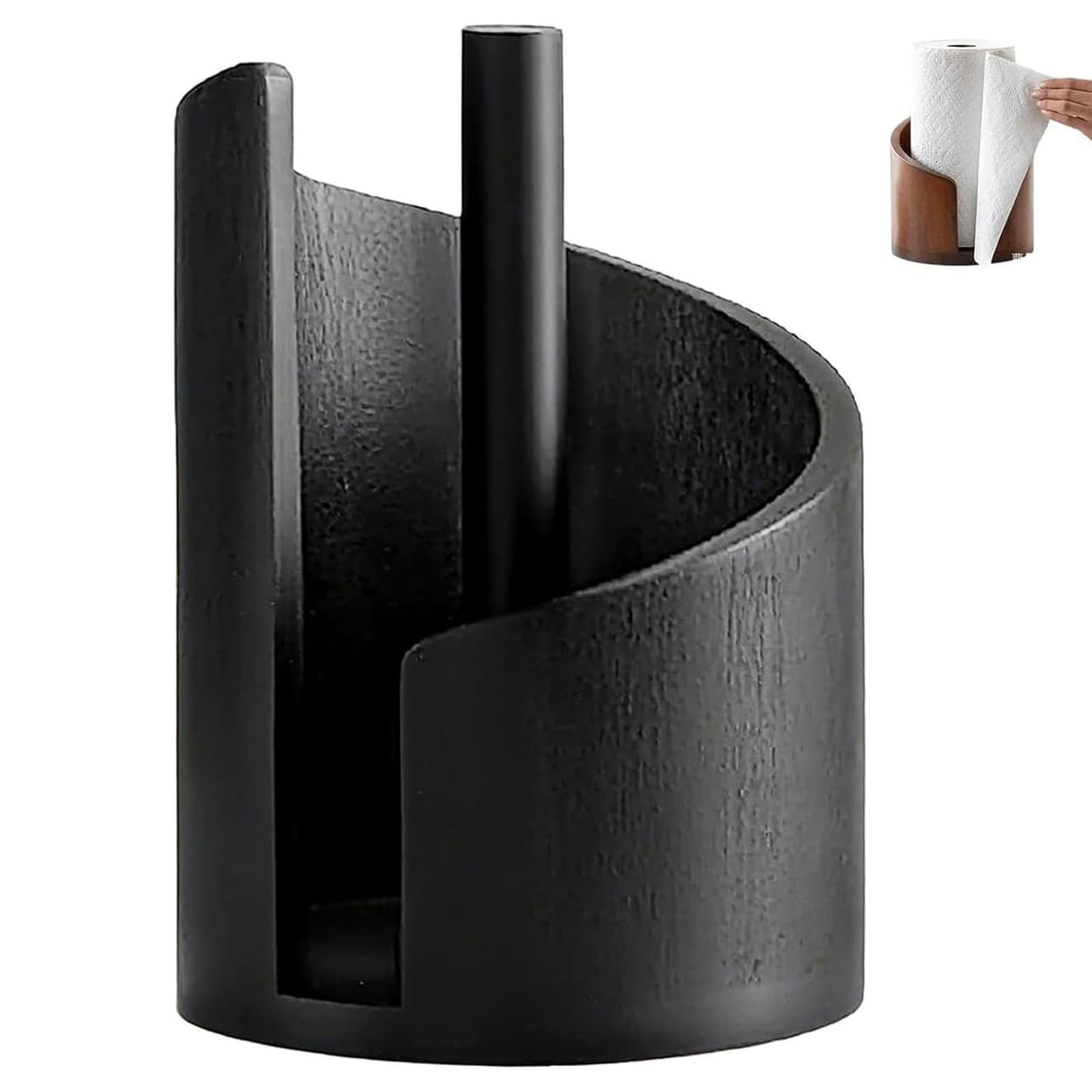 Mountain Paper Towel Holder Countertop with Mango Wood Round Base and Iron Holder, Effortless One-Hand Tearing, Wood Paper Towel Holders Countertop, Holds Jumbo Rolls (Black)