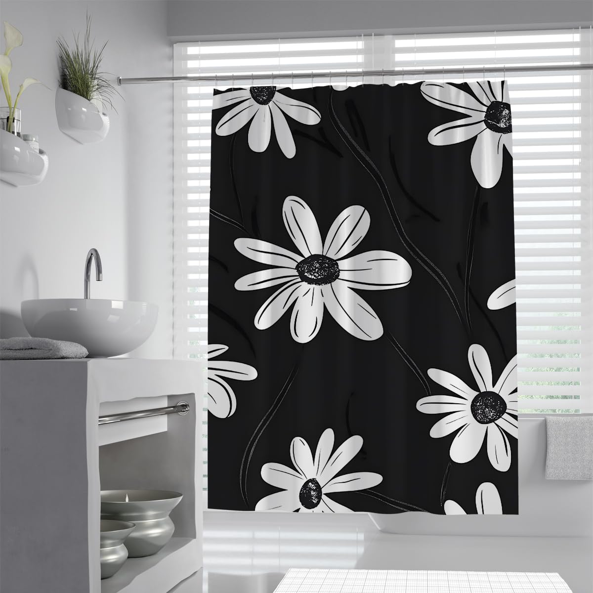 UIRINGART Modern Black White Floral Shower Curtain W100xL180cm Simple Big Sunflower Mildew Resistant Water Repellent Bath Curtains Bath Decoration With Hooks