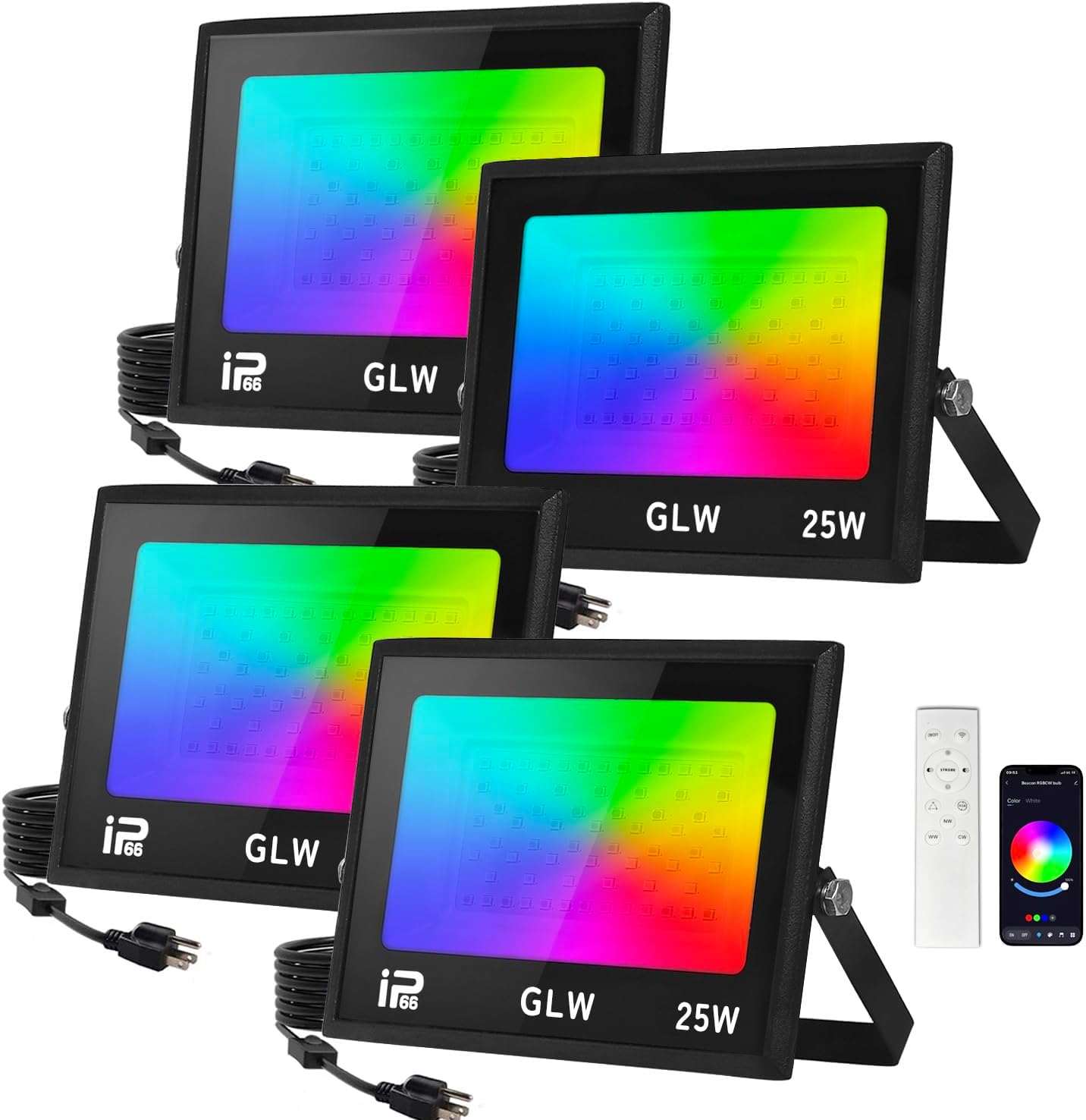 RGB Flood Light 250W Equiv Color Changing Stage Lights RGBW Floodlights IP66 Outdoor Landscape Light with Remote 25W Uplighting for Any Where Use（4 Pack）