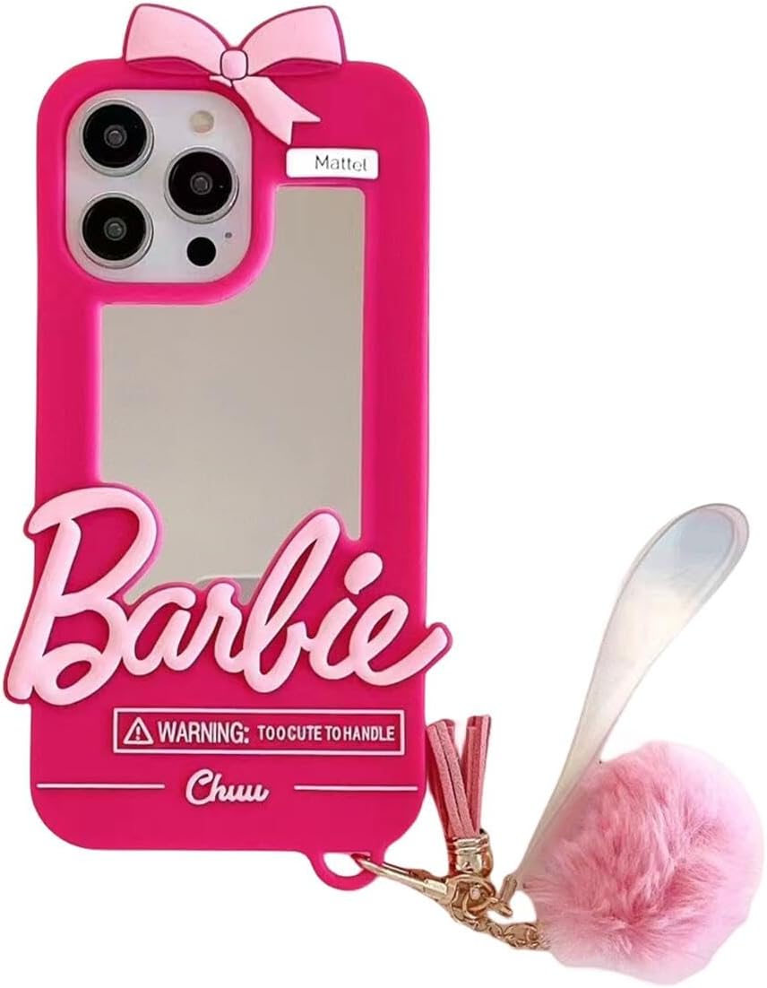 for iPhone 11 Cute Cartoon Case,Women Girls Kids Fashion Mirror with Plush Ball Pendant Kawaii Soft Silicone Character Shockproof Anti-Bump Gifts Protective Phone Cover Case