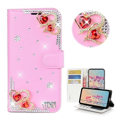 STENES Bling Wallet Phone Case Compatible with Nokia G400 5G Case - Stylish - 3D Handmade Pretty Heart Design Magnetic Wallet Stand Girls Women Leather Cover - Pink
